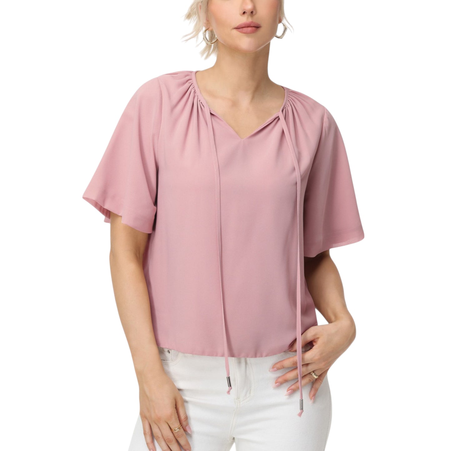 Anna-Kaci Women's Short Sleeve V-Neck Blouse with Gathered Shoulder Detail and Long Neck Tie Accent