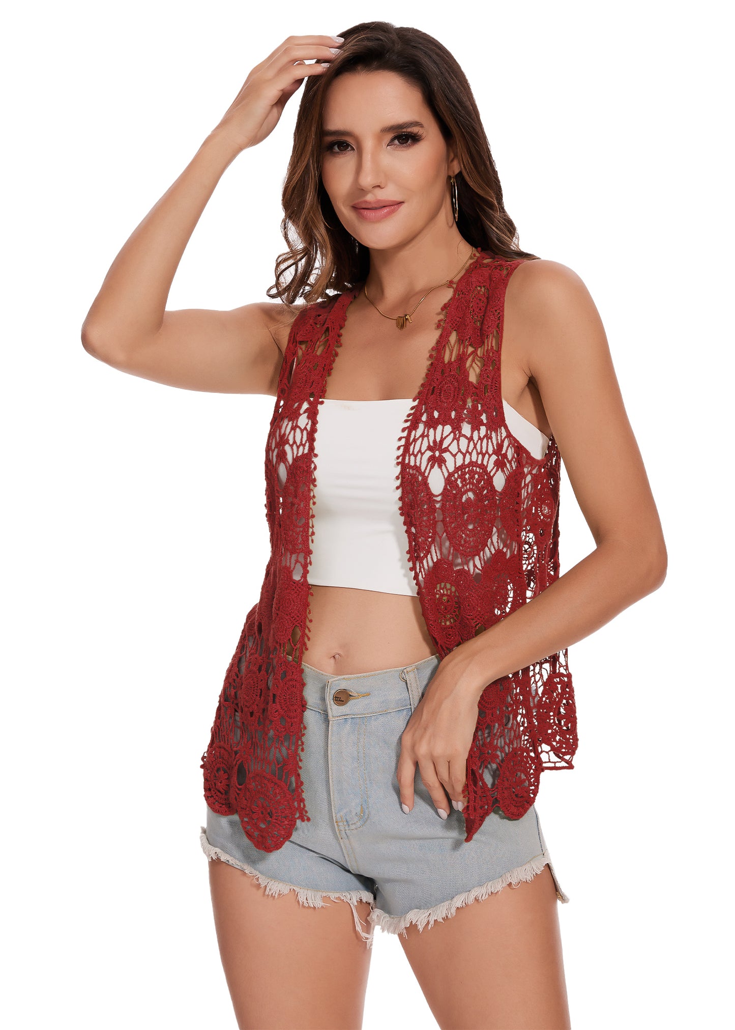 Chaleco abierto al frente con diseño floral de crochet