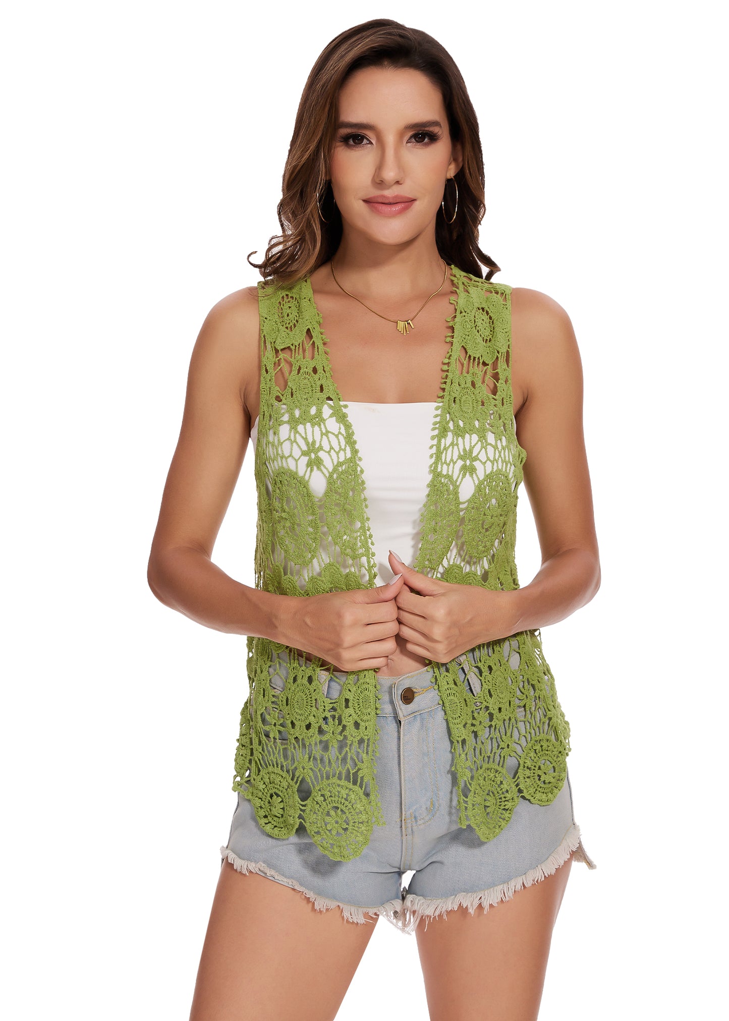 Chaleco abierto al frente con diseño floral de crochet