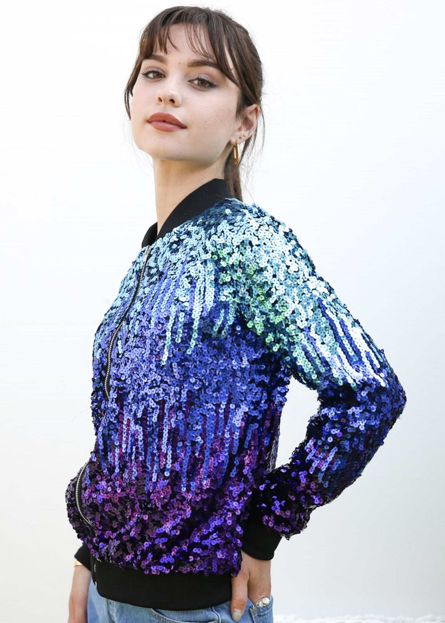 Striped Metallic Sequin Varsity Jacket