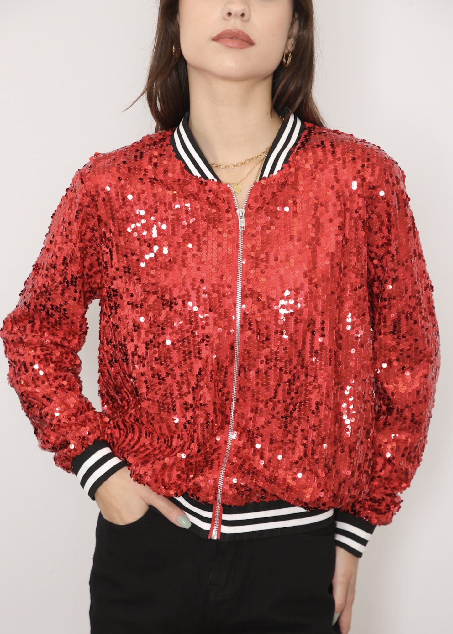 Sequin Bomber Zip-Up Jacket