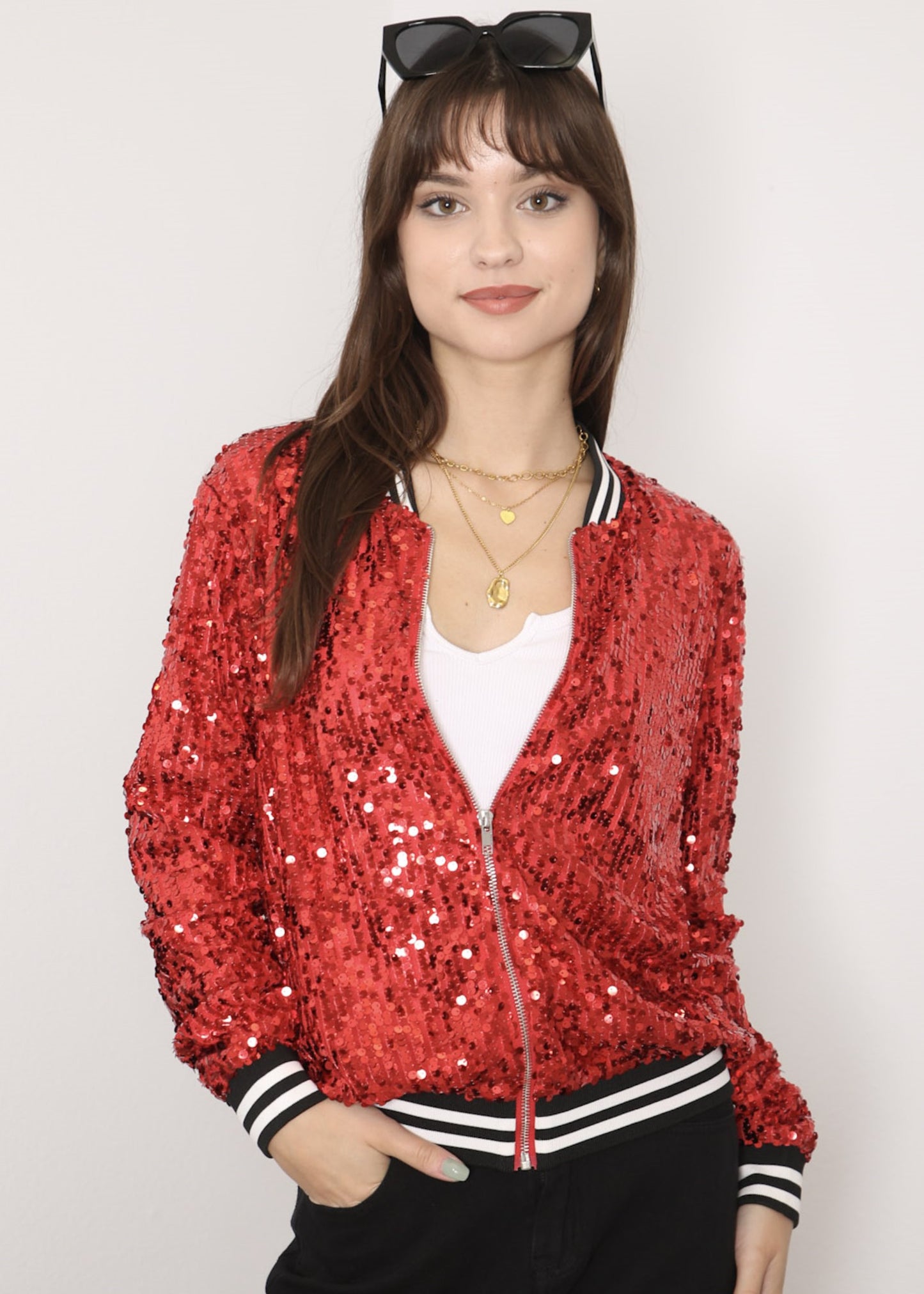 Sequin Bomber Zip-Up Jacket