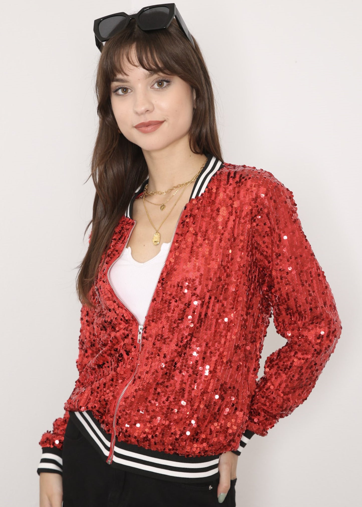 Sequin Bomber Zip-Up Jacket