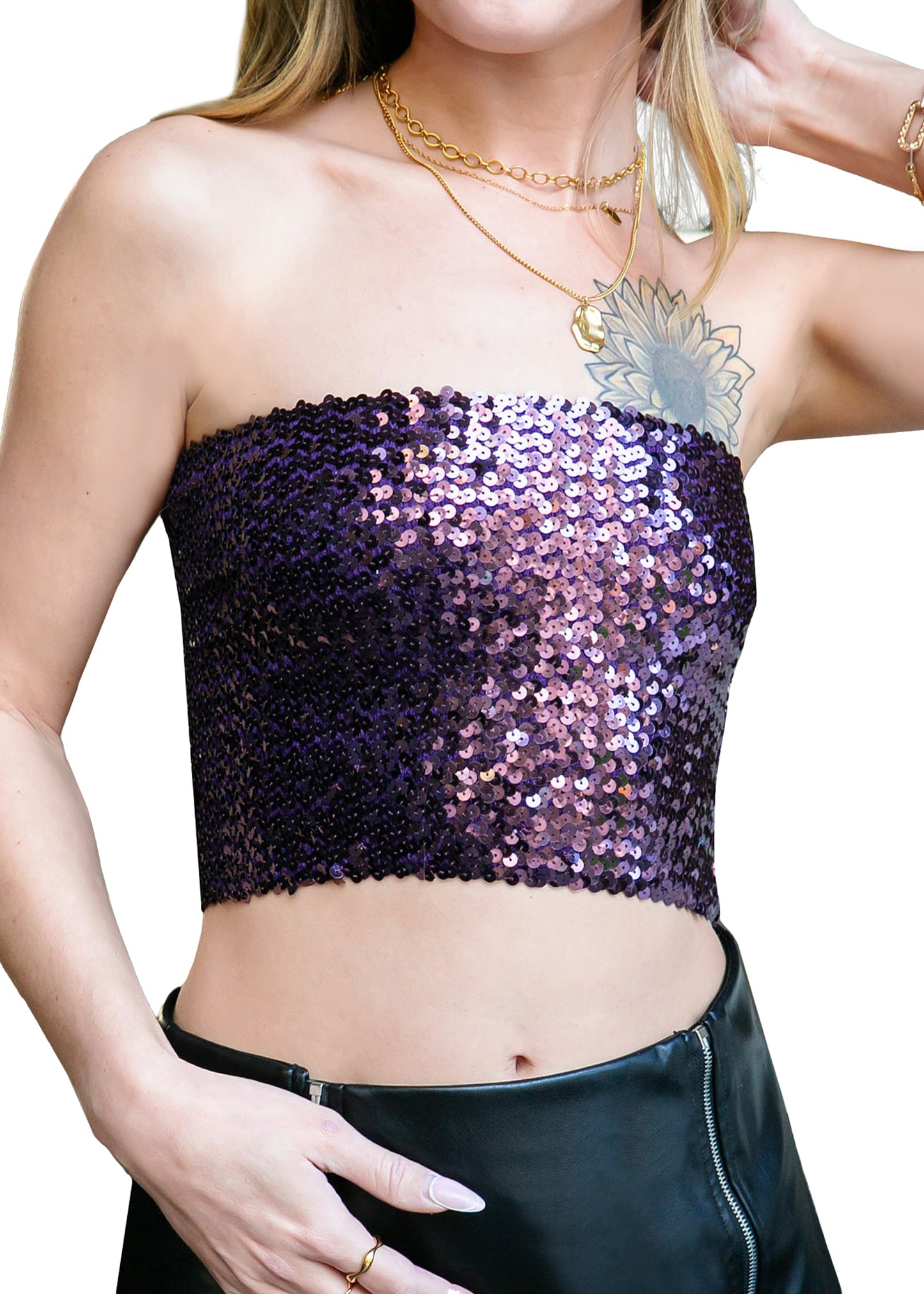 Bandeau sin tirantes con lentejuelas y purpurina