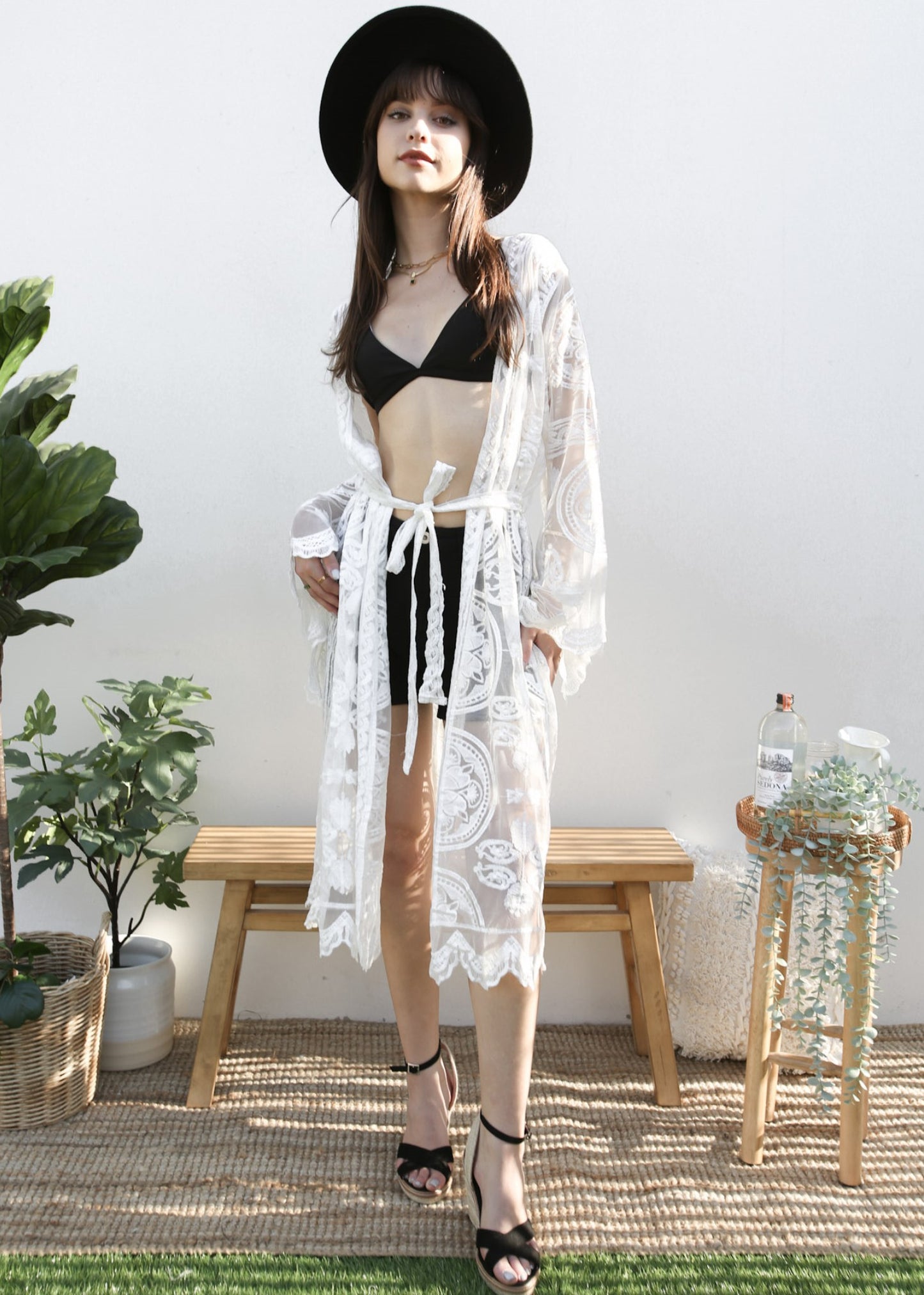Lace Embroidered Kimono Swimsuit Cover-Up