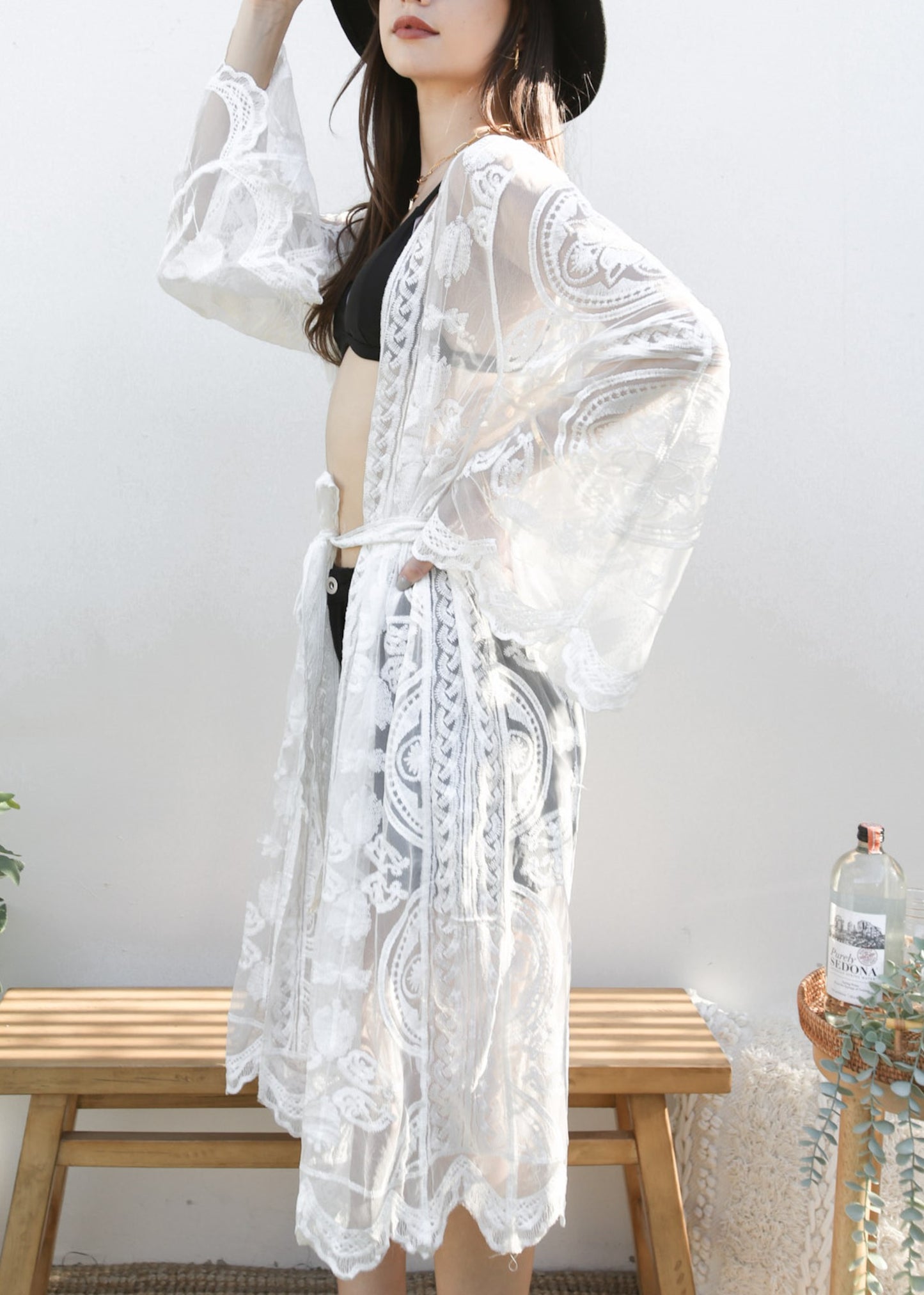 Lace Embroidered Kimono Swimsuit Cover-Up