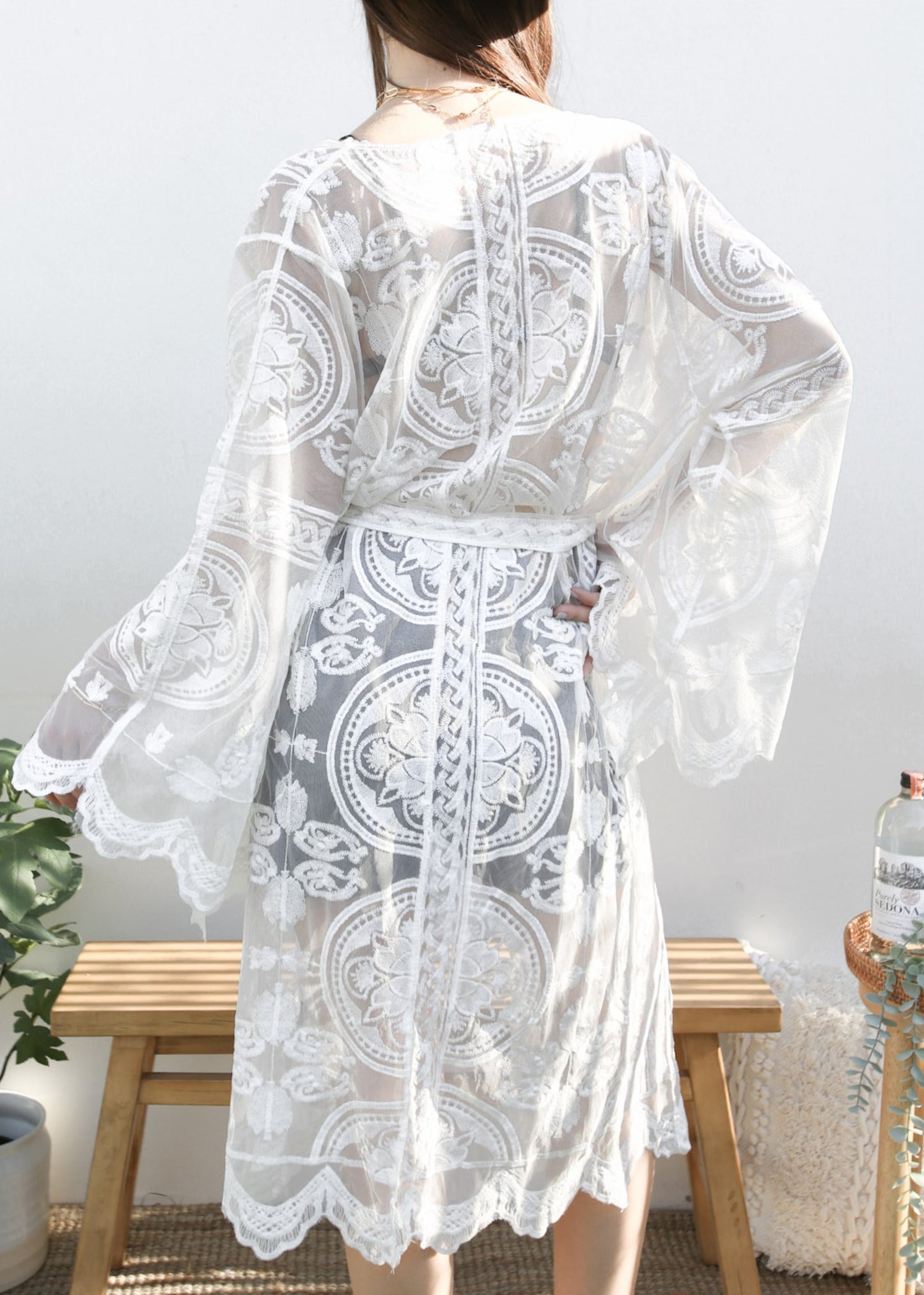 Lace Embroidered Kimono Swimsuit Cover-Up
