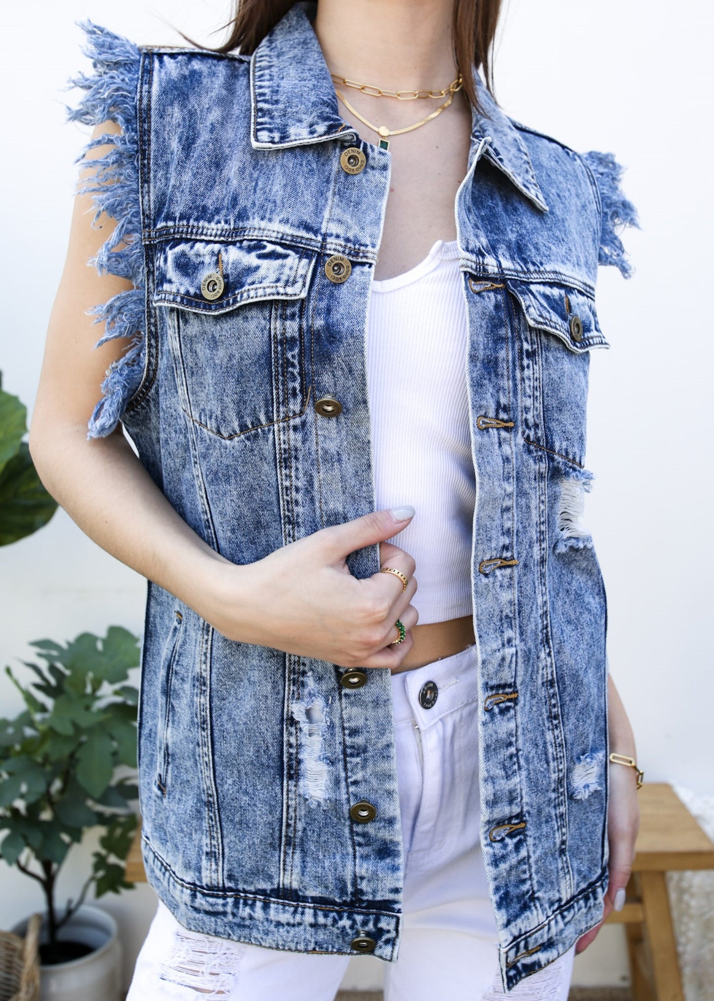 Oversize Distressed Sleeveless Denim Vest