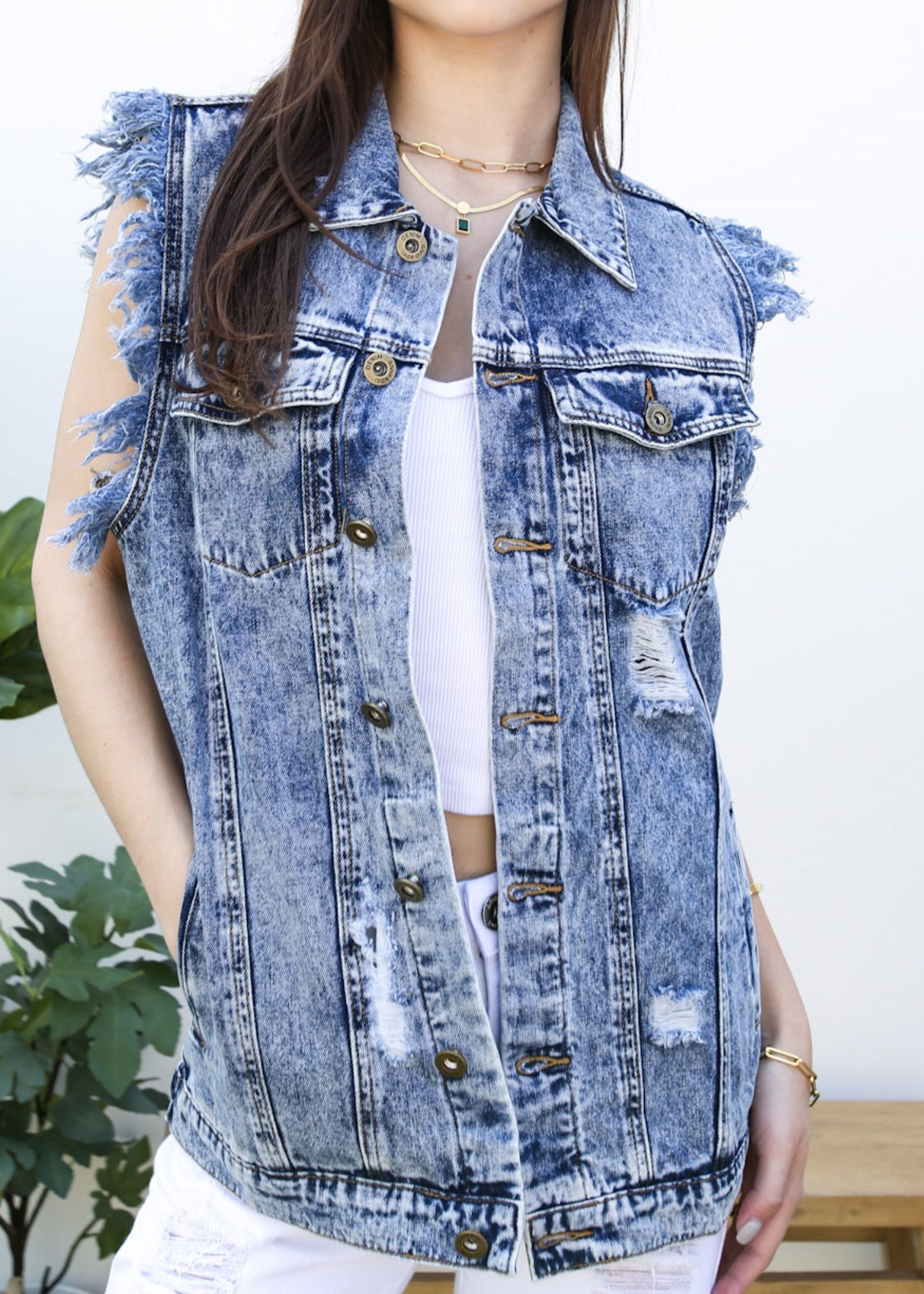 Oversize Distressed Sleeveless Denim Vest