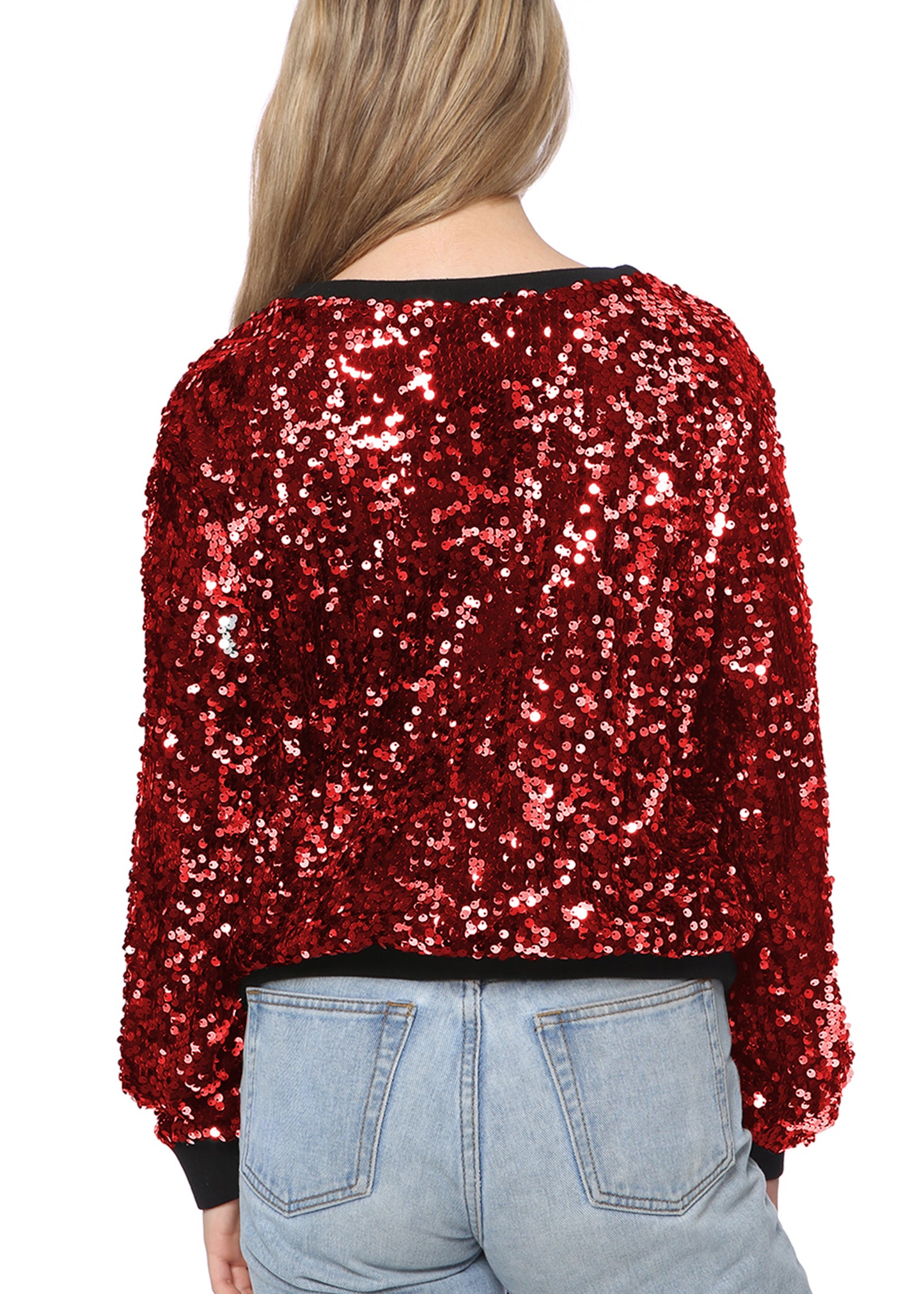 Sequin Sweatshirt Round Neck Top Long Sleeve Ribbed Cuffs Outerwear