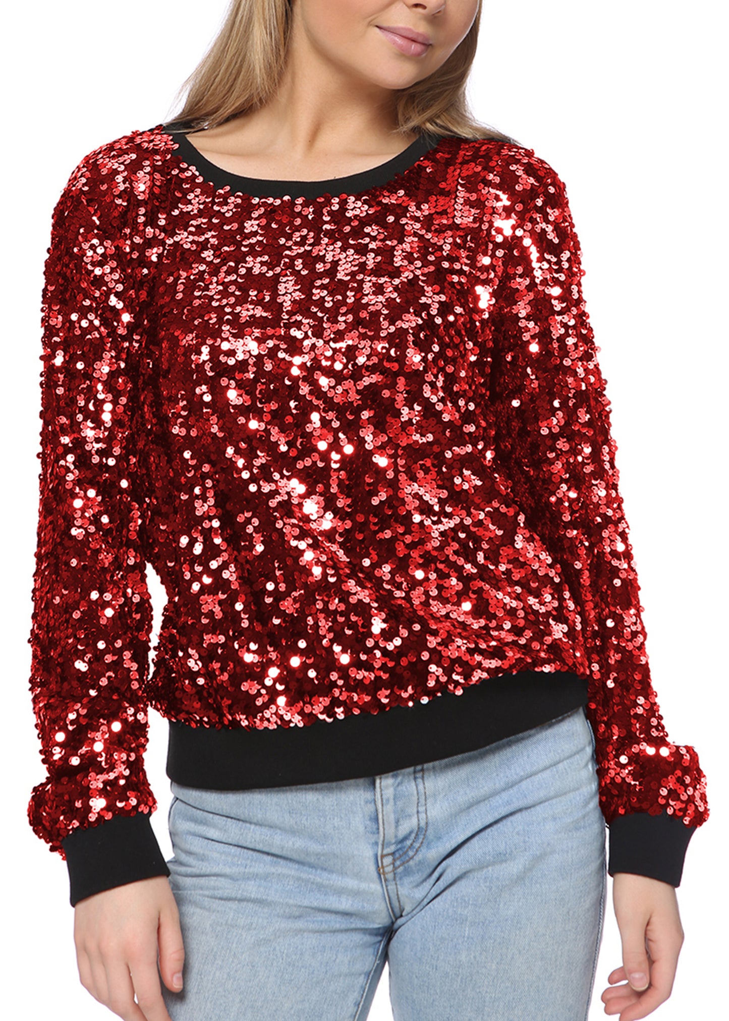 Sequin Sweatshirt Round Neck Top Long Sleeve Ribbed Cuffs Outerwear