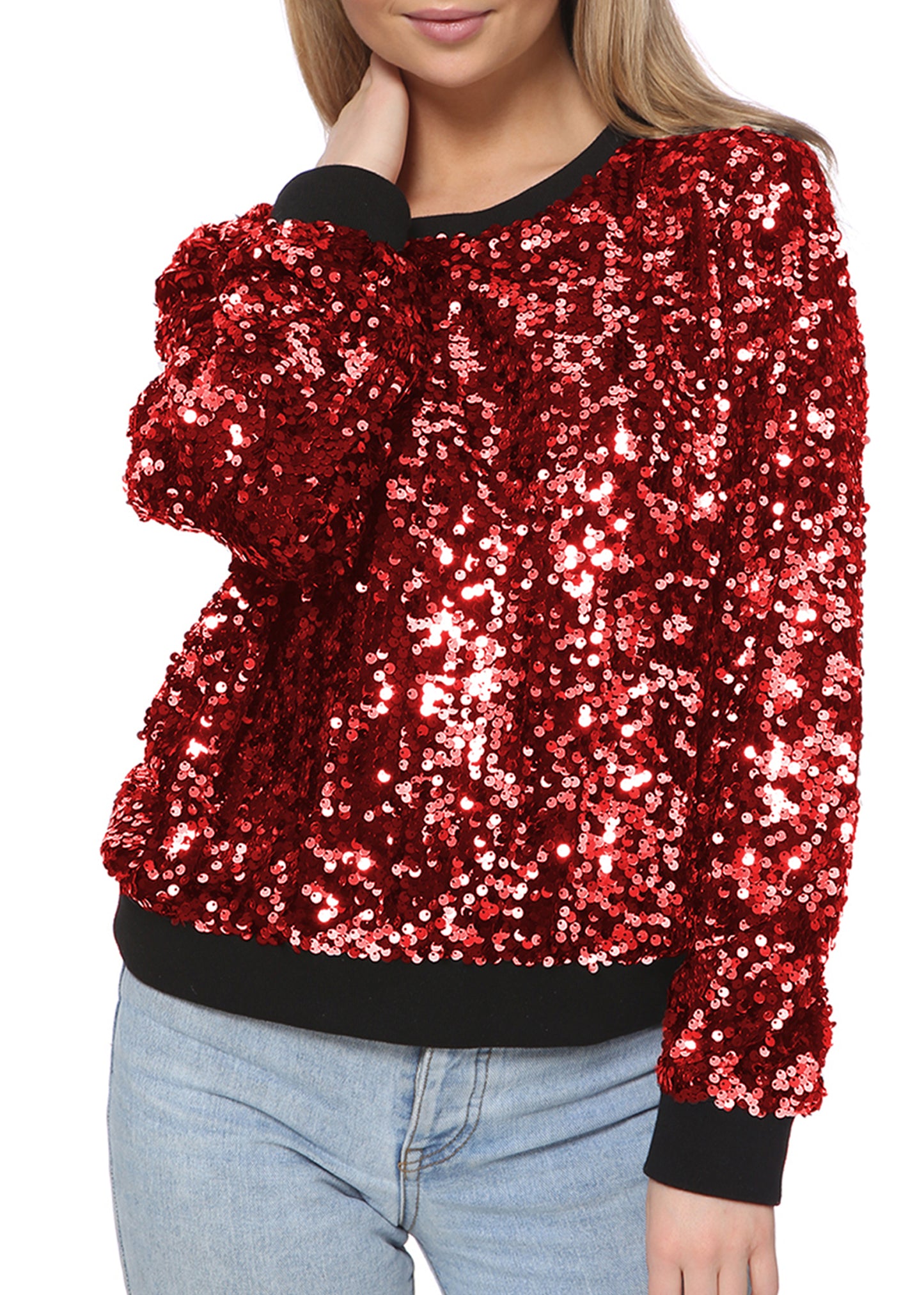 Sequin Sweatshirt Round Neck Top Long Sleeve Ribbed Cuffs Outerwear