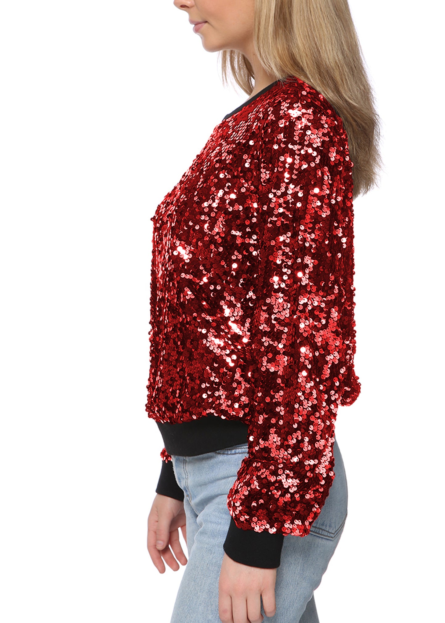 Sequin Sweatshirt Round Neck Top Long Sleeve Ribbed Cuffs Outerwear