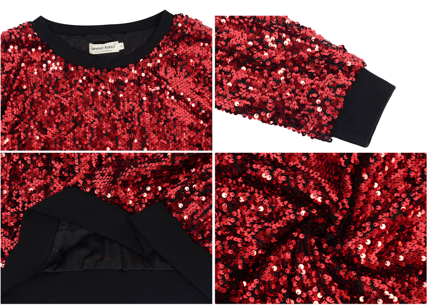 Sequin Sweatshirt Round Neck Top Long Sleeve Ribbed Cuffs Outerwear