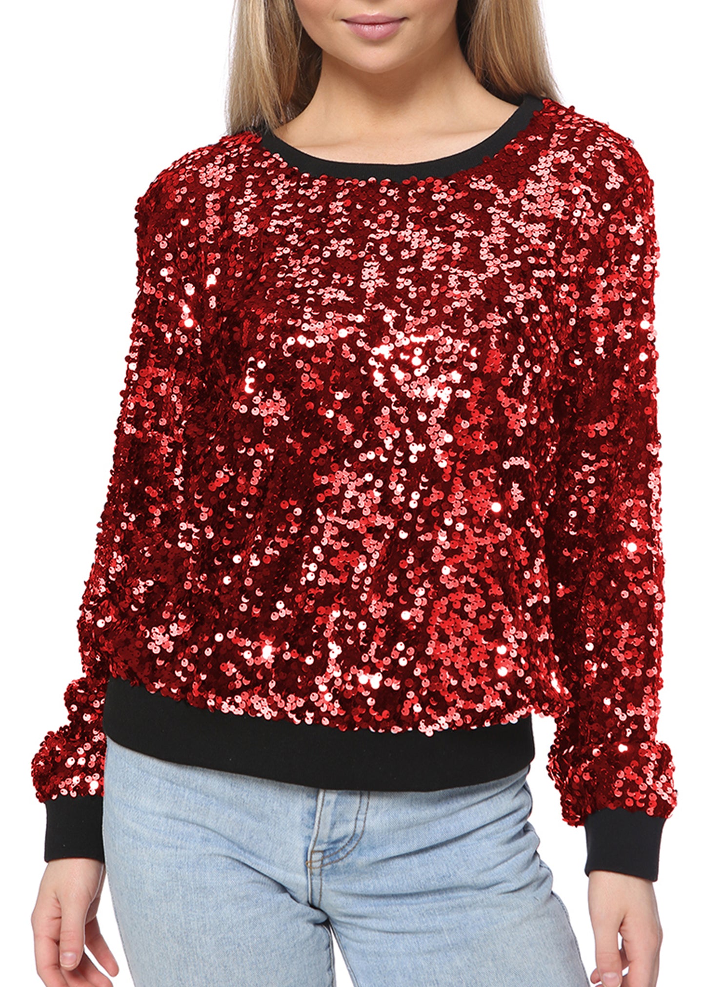 Sequin Sweatshirt Round Neck Top Long Sleeve Ribbed Cuffs Outerwear