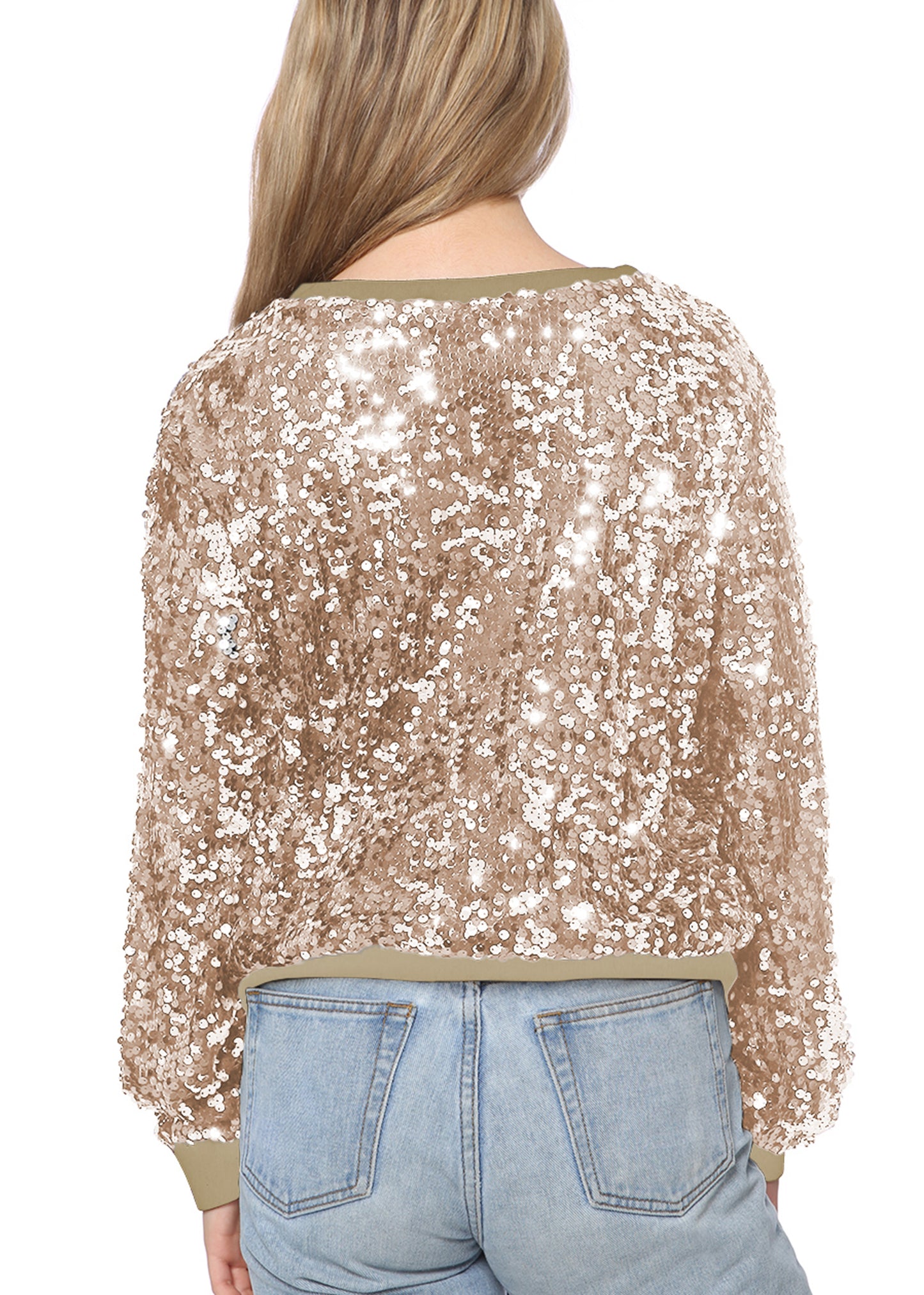 Sequin Sweatshirt Round Neck Top Long Sleeve Ribbed Cuffs Outerwear