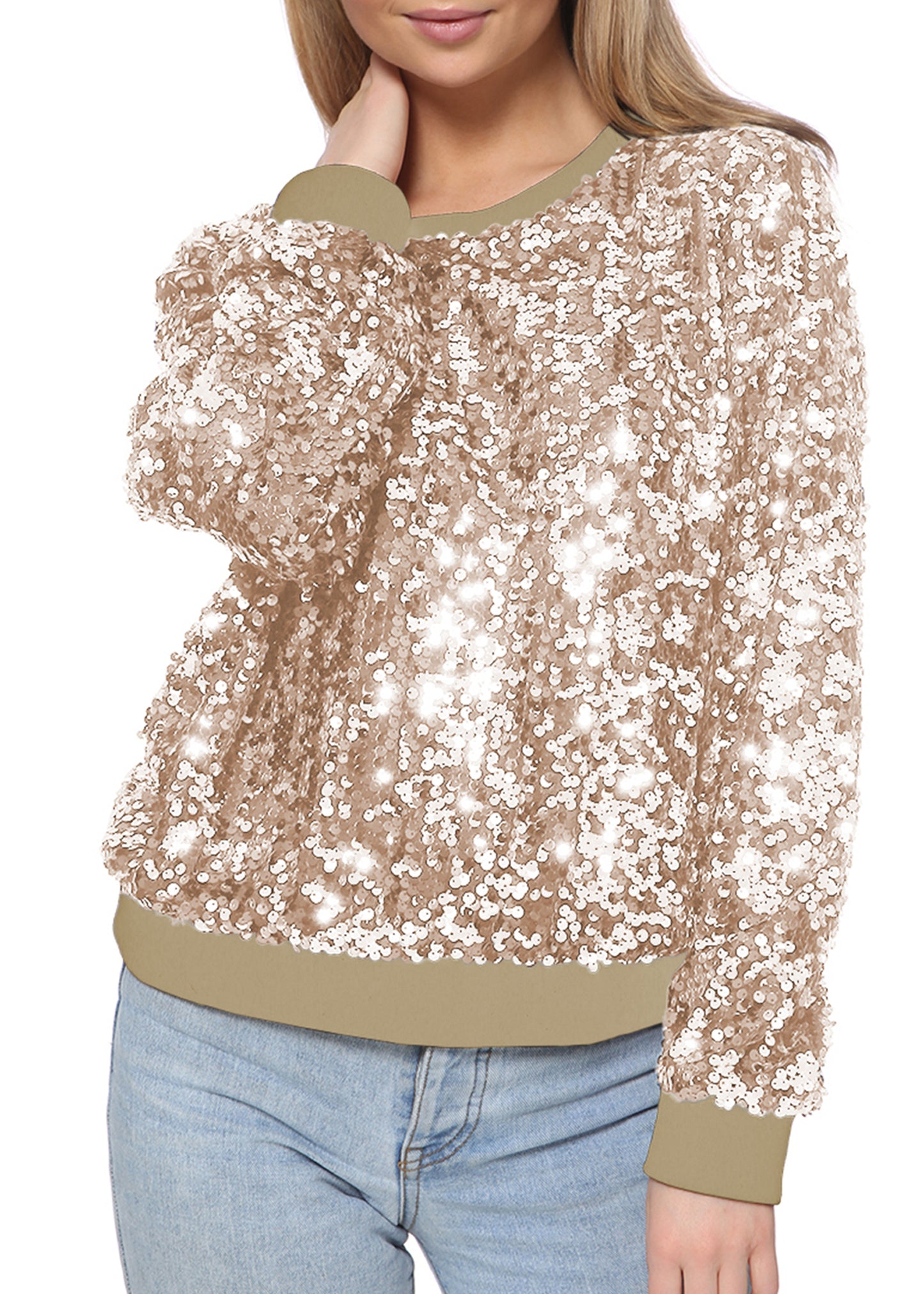 Sequin Sweatshirt Round Neck Top Long Sleeve Ribbed Cuffs Outerwear
