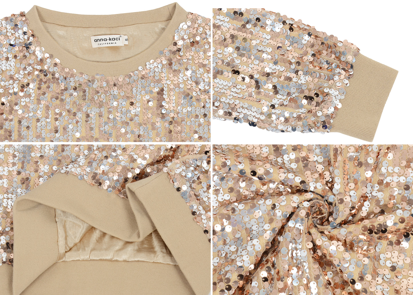 Sequin Sweatshirt Round Neck Top Long Sleeve Ribbed Cuffs Outerwear