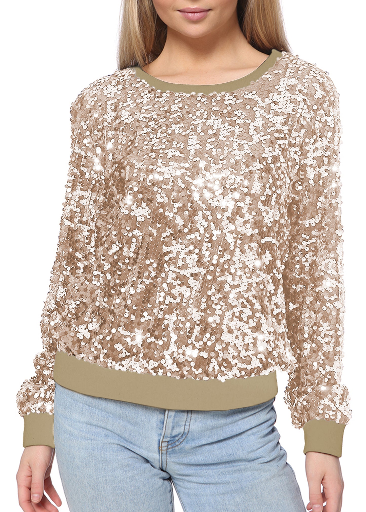 Sequin Sweatshirt Round Neck Top Long Sleeve Ribbed Cuffs Outerwear