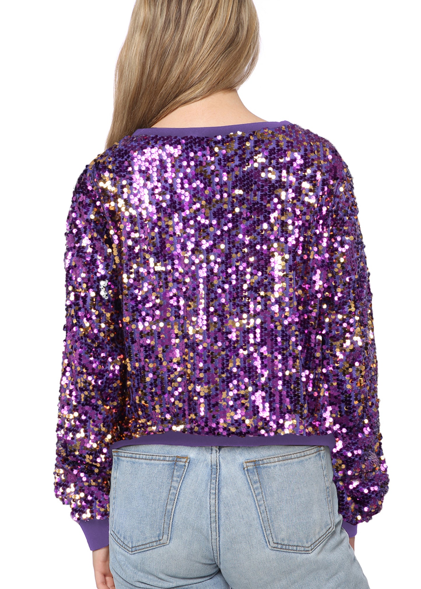 Sequin Sweatshirt Round Neck Top Long Sleeve Ribbed Cuffs Outerwear