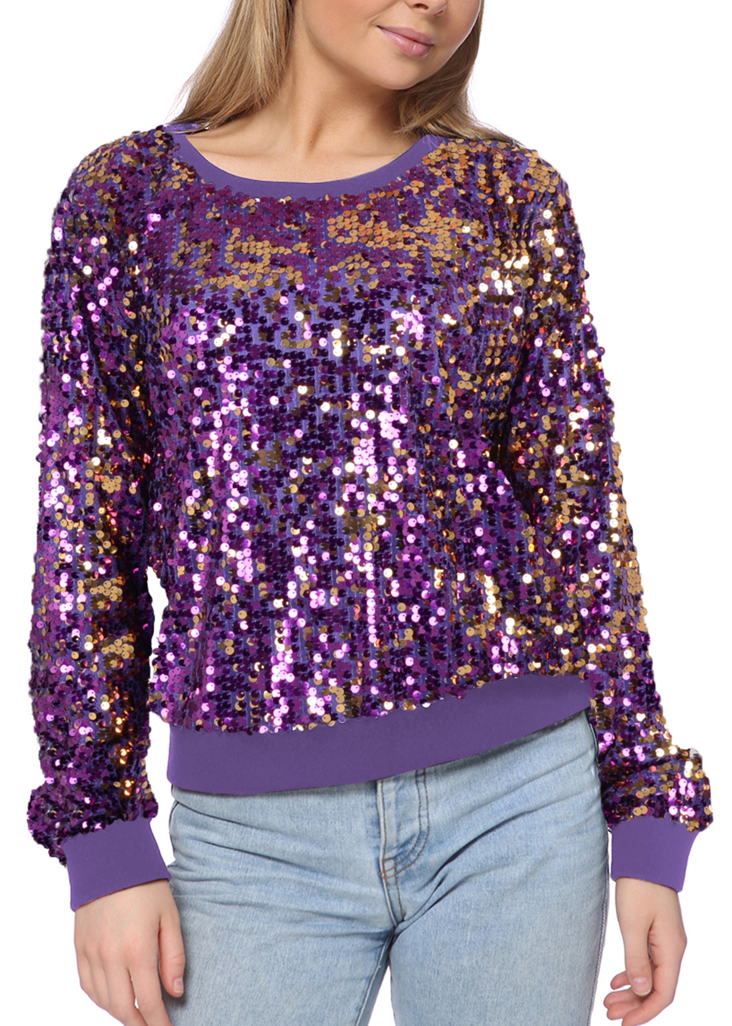 Sequin Sweatshirt Round Neck Top Long Sleeve Ribbed Cuffs Outerwear