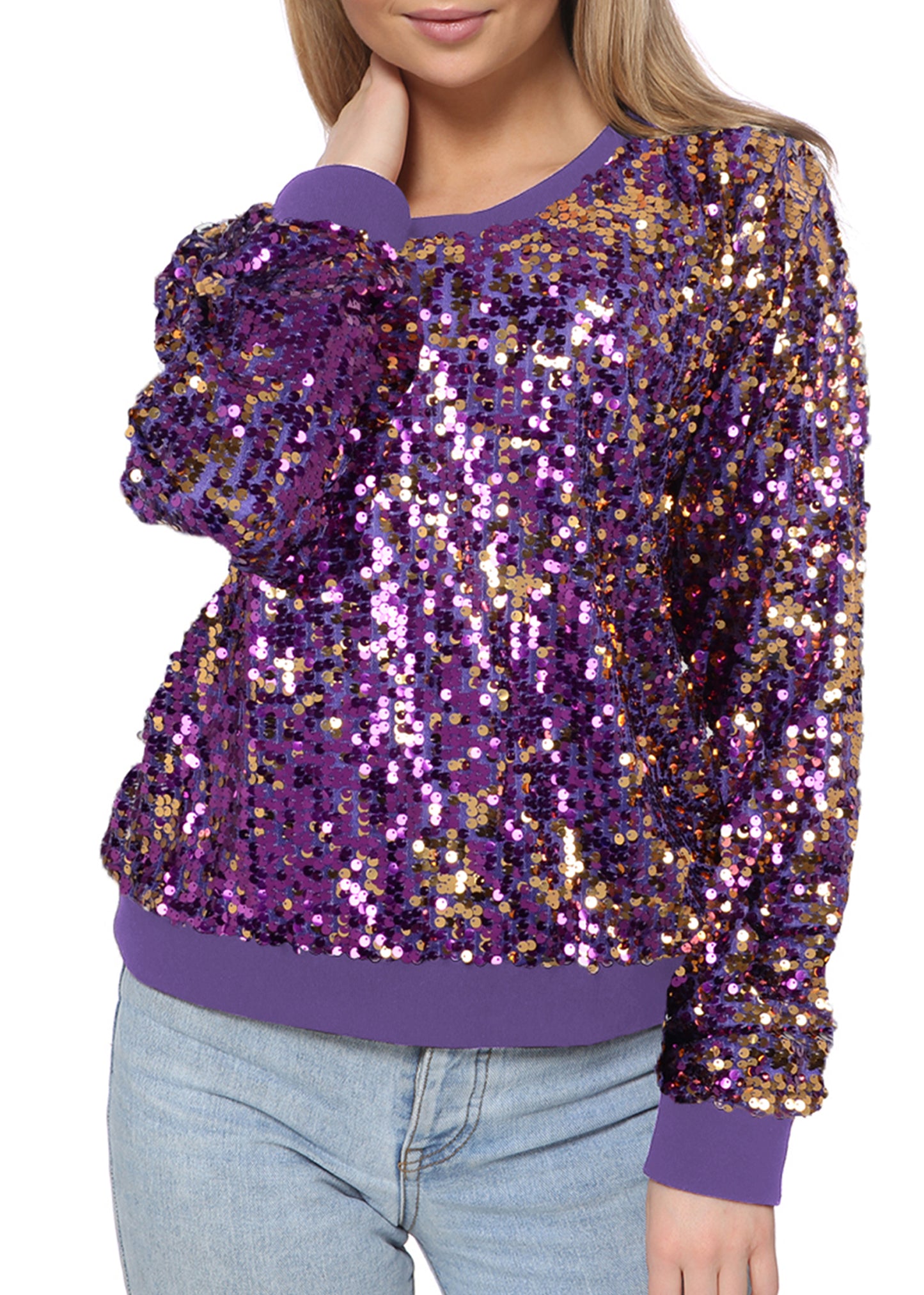 Sequin Sweatshirt Round Neck Top Long Sleeve Ribbed Cuffs Outerwear
