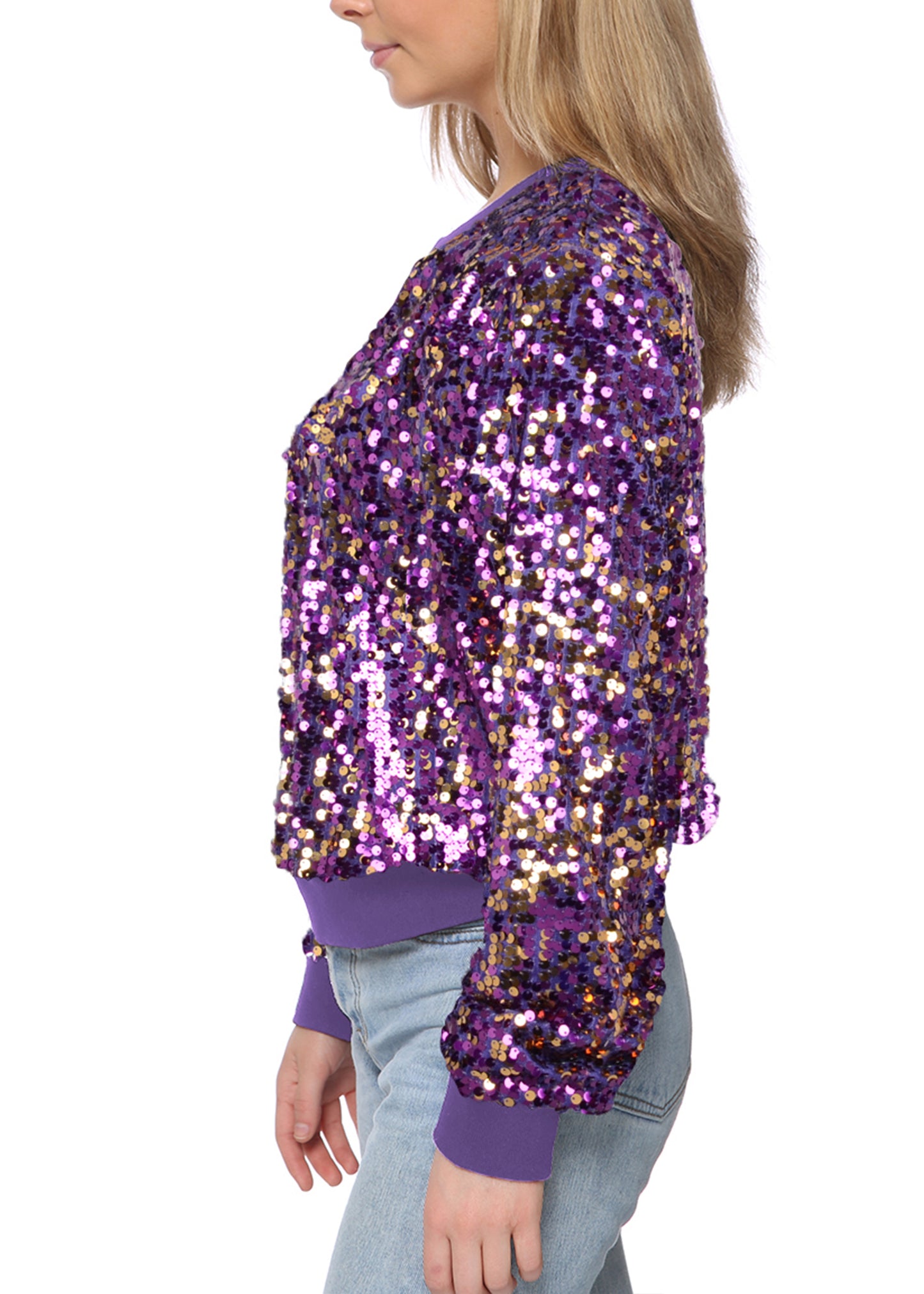 Sequin Sweatshirt Round Neck Top Long Sleeve Ribbed Cuffs Outerwear