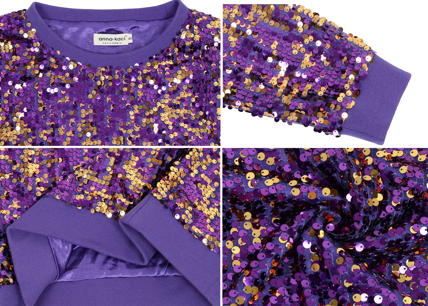 Sequin Sweatshirt Round Neck Top Long Sleeve Ribbed Cuffs Outerwear
