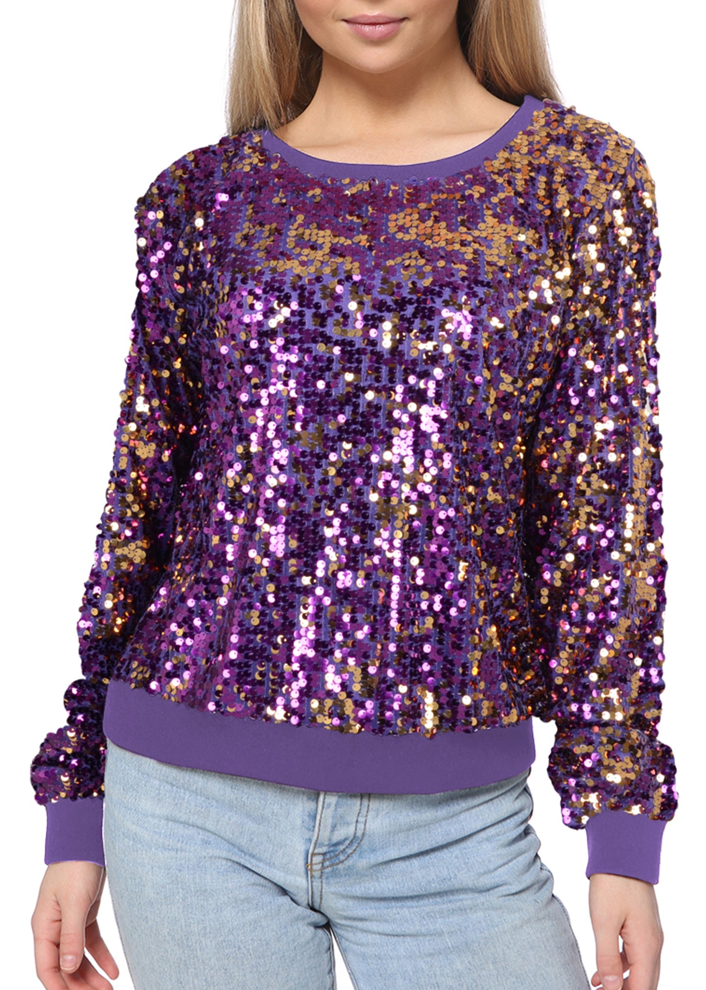 Sequin Sweatshirt Round Neck Top Long Sleeve Ribbed Cuffs Outerwear