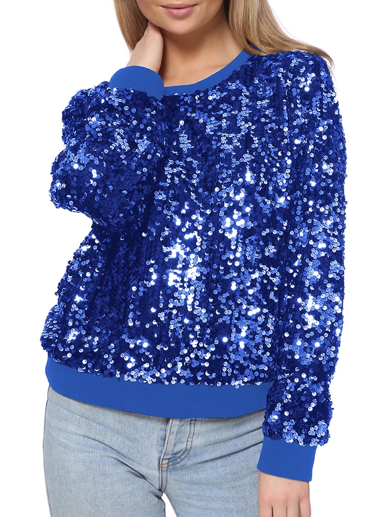 Sequin Sweatshirt Round Neck Top Long Sleeve Ribbed Cuffs Outerwear