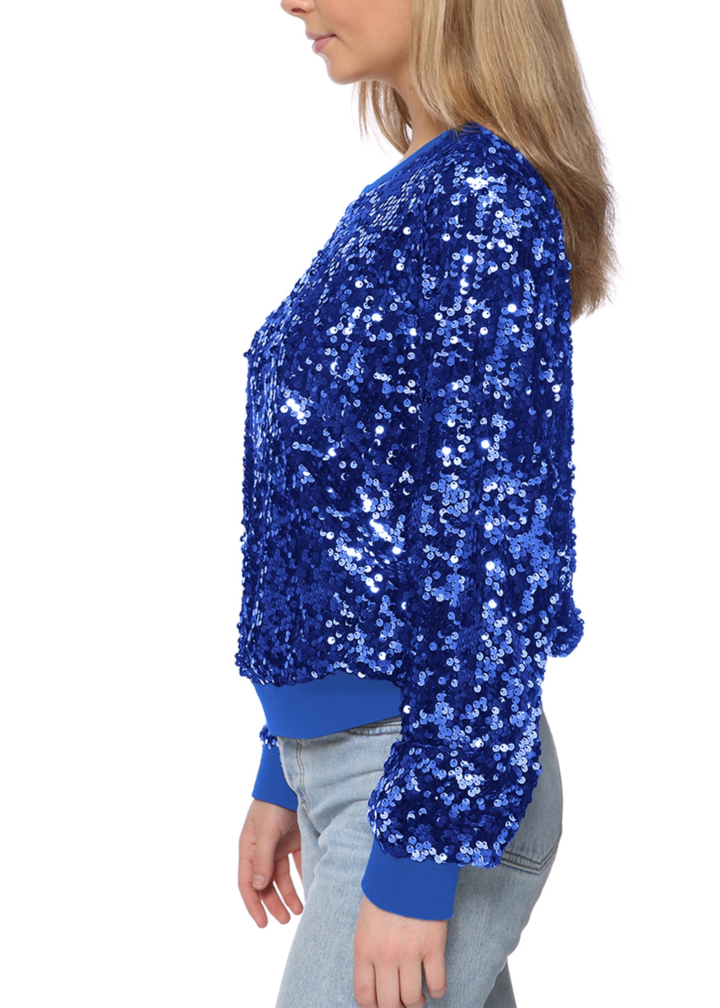 Sequin Sweatshirt Round Neck Top Long Sleeve Ribbed Cuffs Outerwear