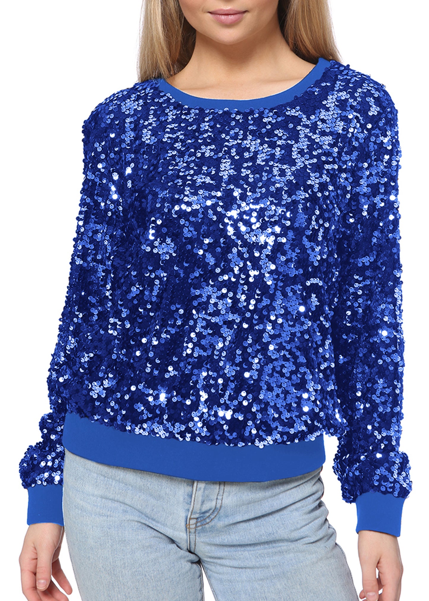 Sequin Sweatshirt Round Neck Top Long Sleeve Ribbed Cuffs Outerwear