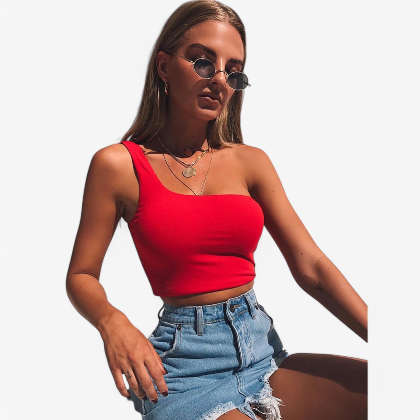 Anna-Kaci Women's One-Shoulder Ribbed Crop Top with Stretch Fit