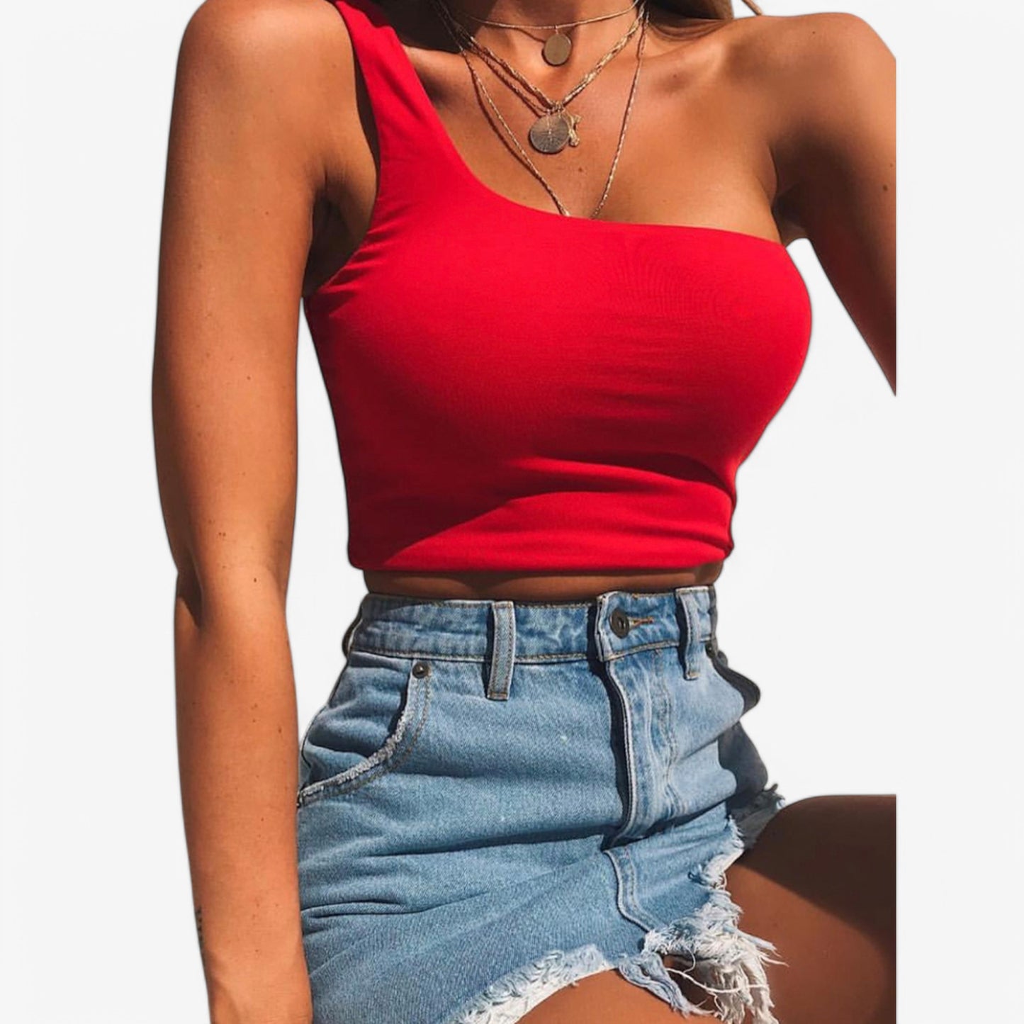 Anna-Kaci Women's One-Shoulder Ribbed Crop Top with Stretch Fit
