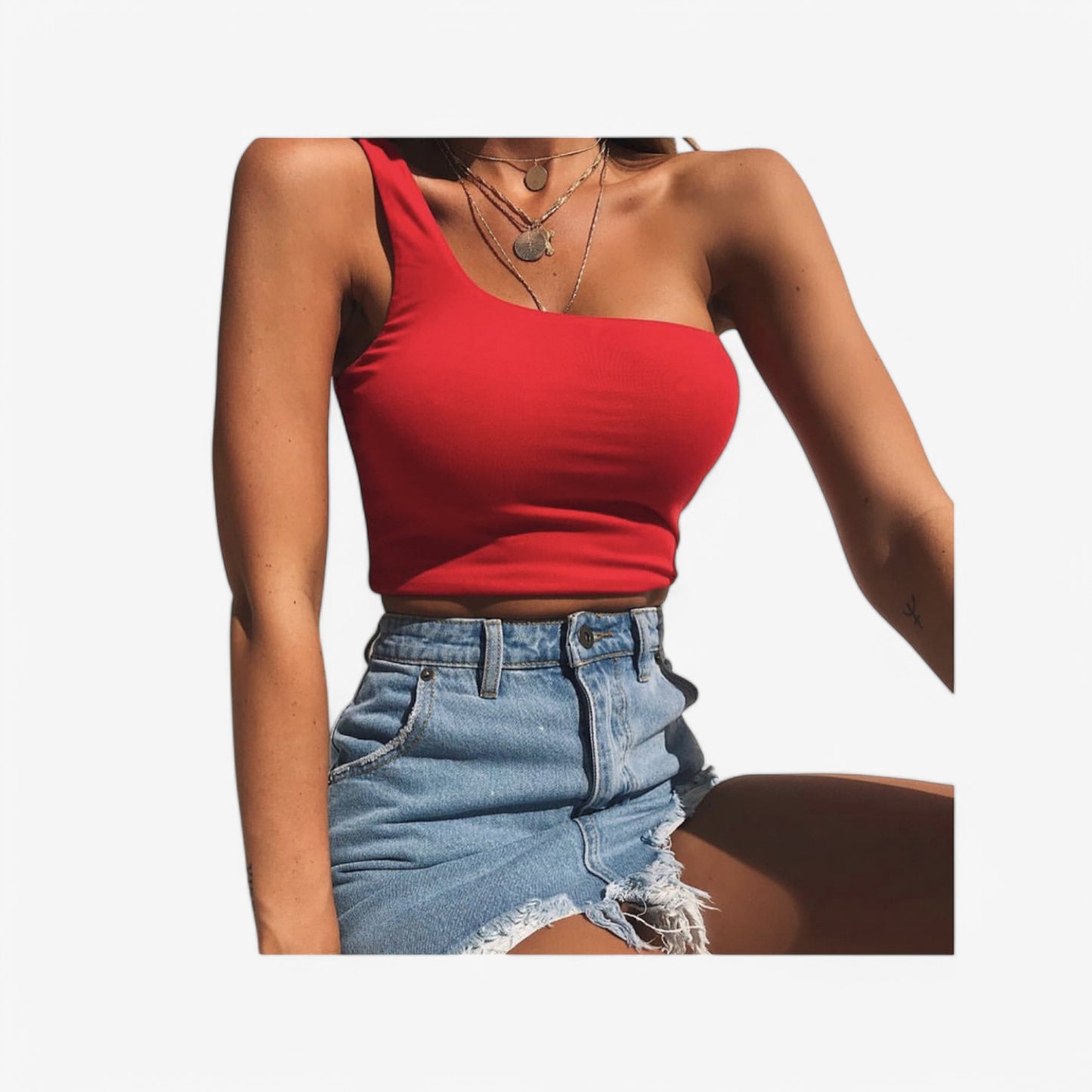 Anna-Kaci Women's One-Shoulder Ribbed Crop Top with Stretch Fit