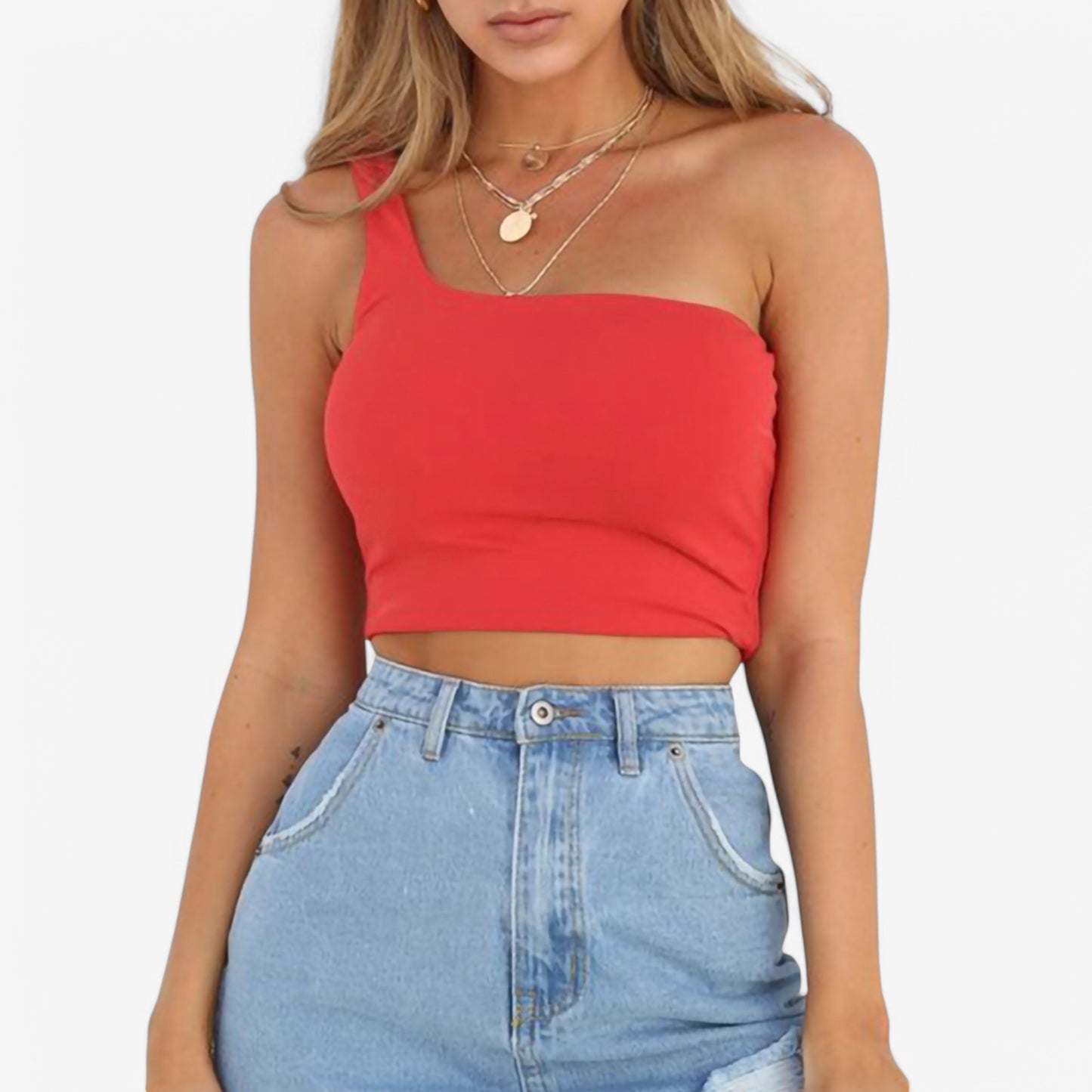 Anna-Kaci Women's One-Shoulder Ribbed Crop Top with Stretch Fit