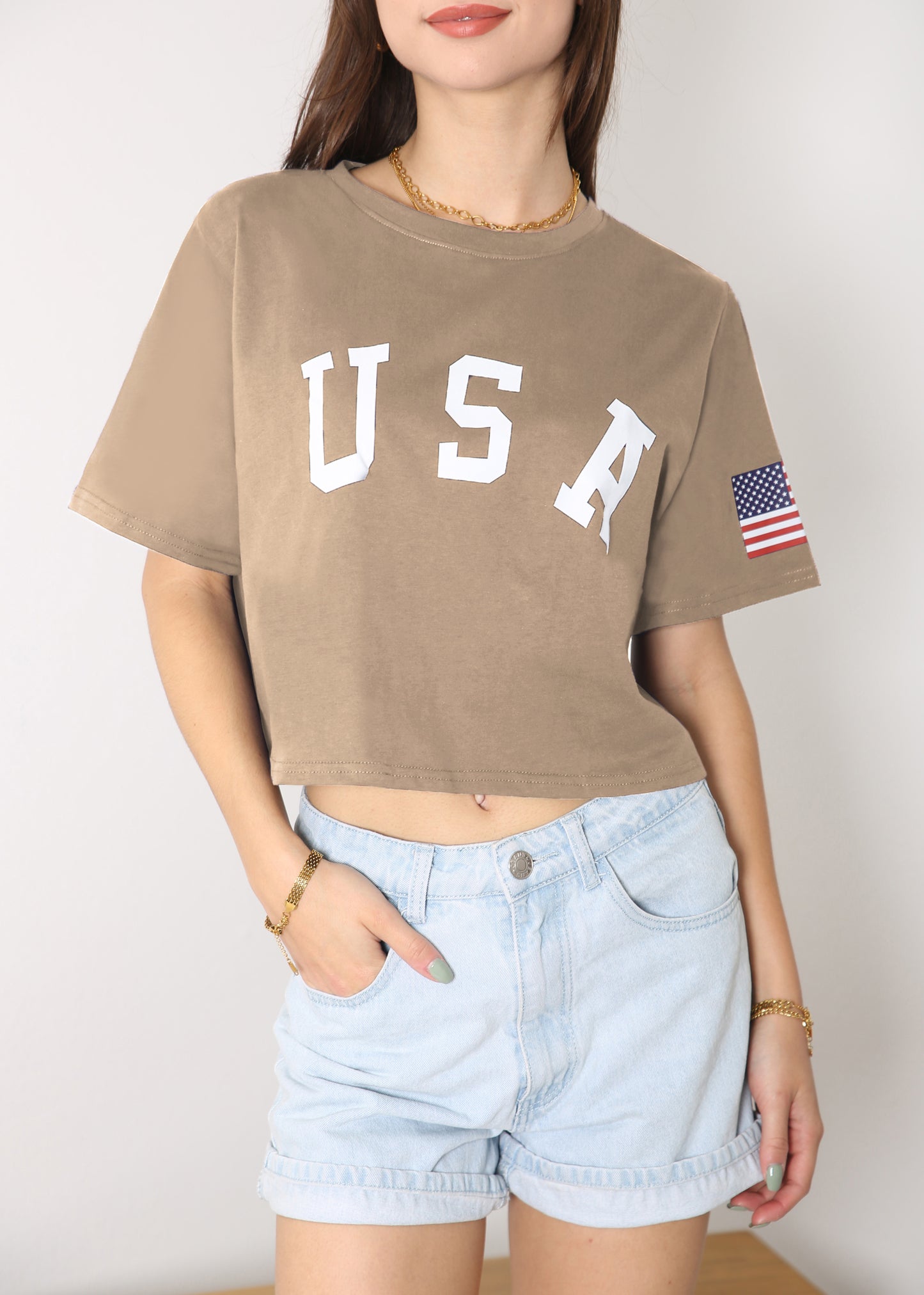 Camiseta de manga corta con estampado de letras para mujer de Anna-Kaci con la bandera de EE. UU. del 4 de julio