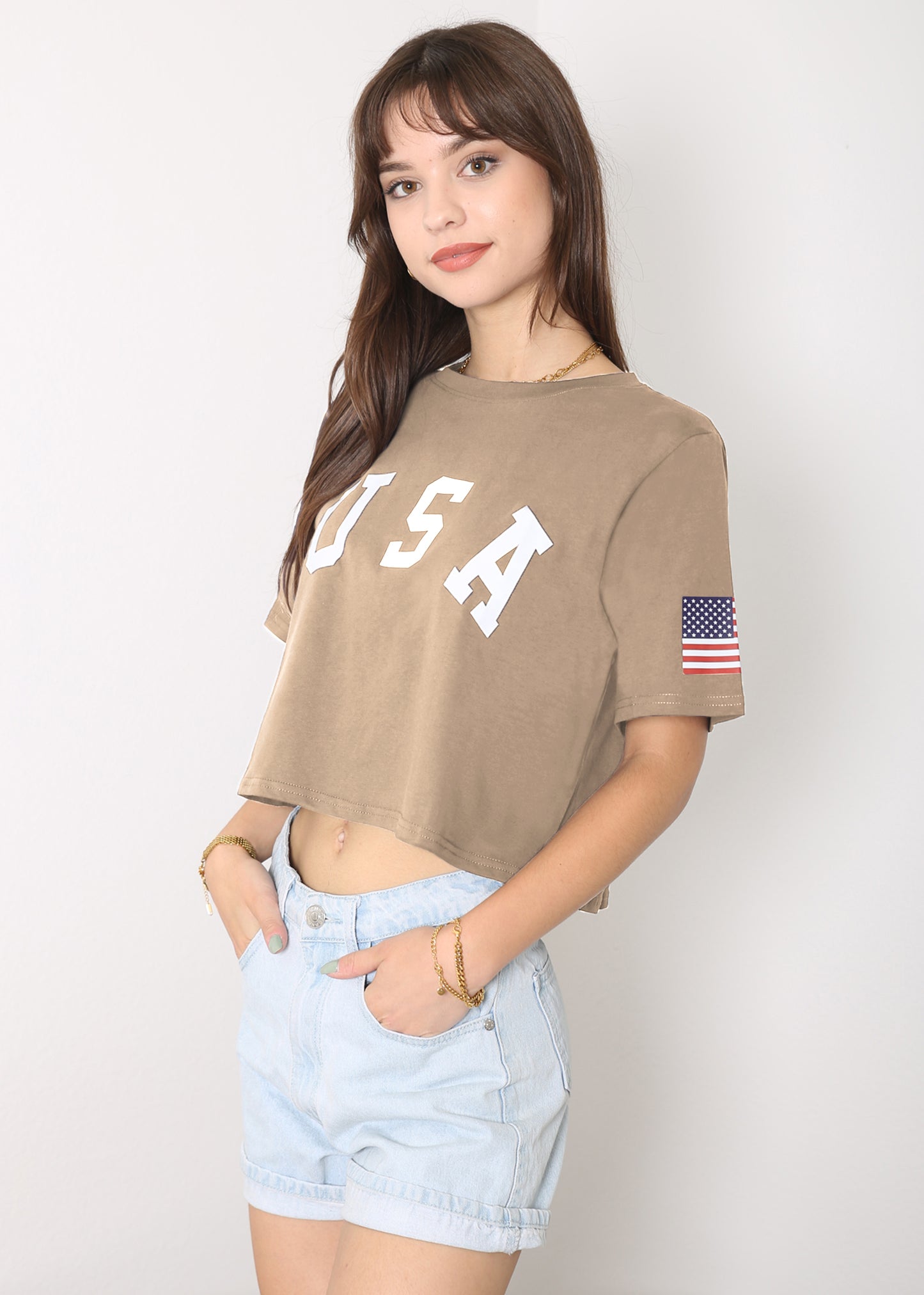 Camiseta de manga corta con estampado de letras para mujer de Anna-Kaci con la bandera de EE. UU. del 4 de julio