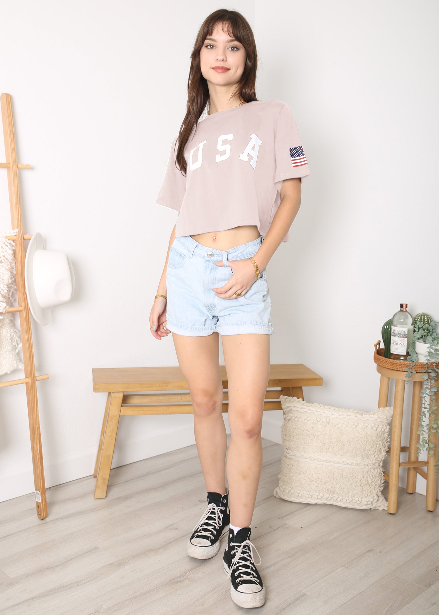Camiseta de manga corta con estampado de letras para mujer de Anna-Kaci con la bandera de EE. UU. del 4 de julio