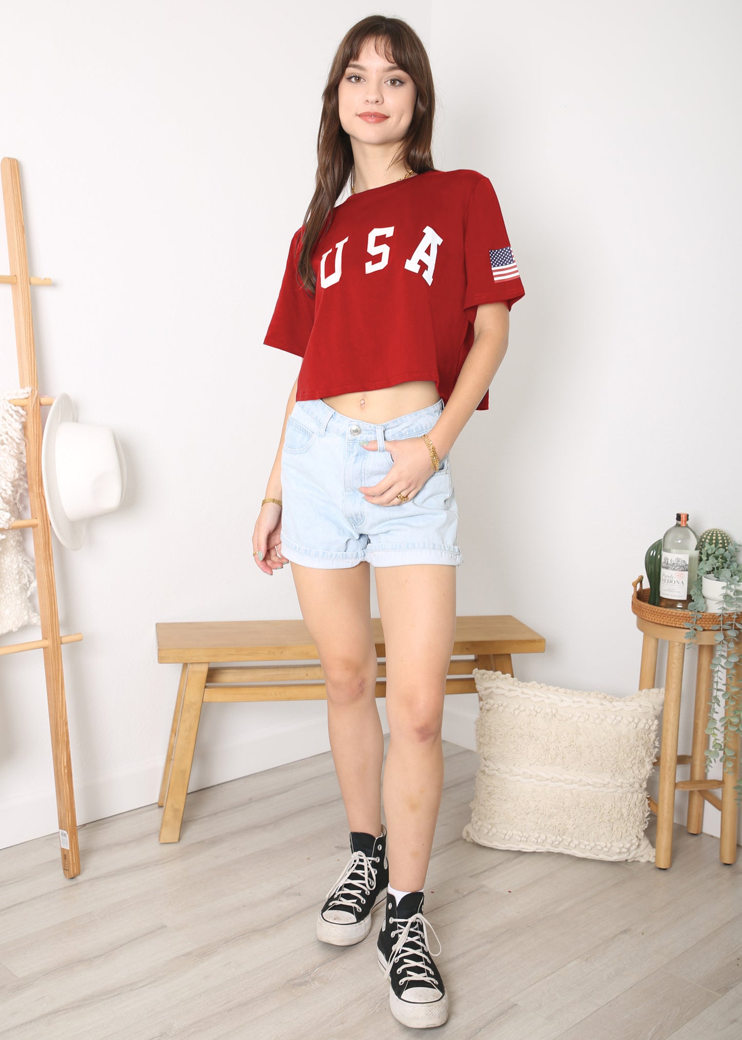 Camiseta de manga corta con estampado de letras para mujer de Anna-Kaci con la bandera de EE. UU. del 4 de julio