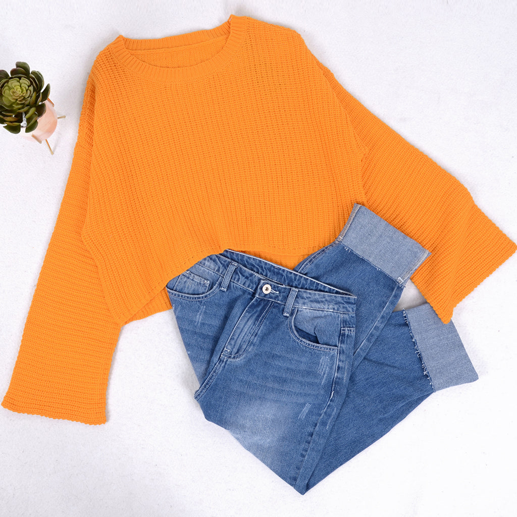 Women Lantern Long Sleeve Round Neck Solid Color Pullover Knitted Sweater Tops