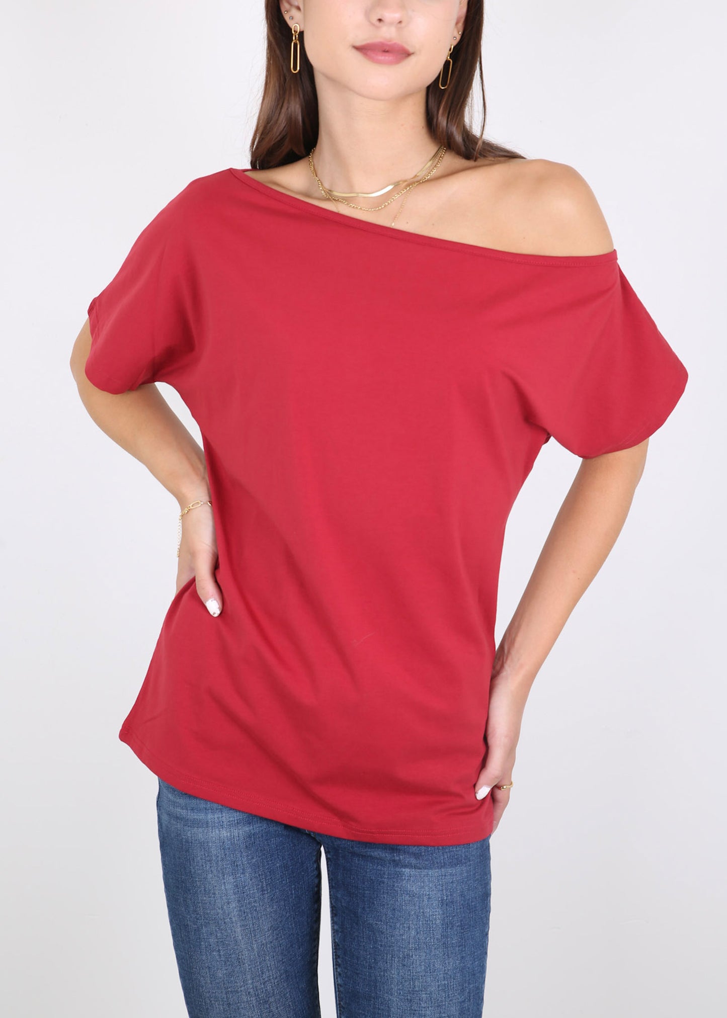 Blusa informal sexy con hombros descubiertos y elástica de algodón liso para mujer