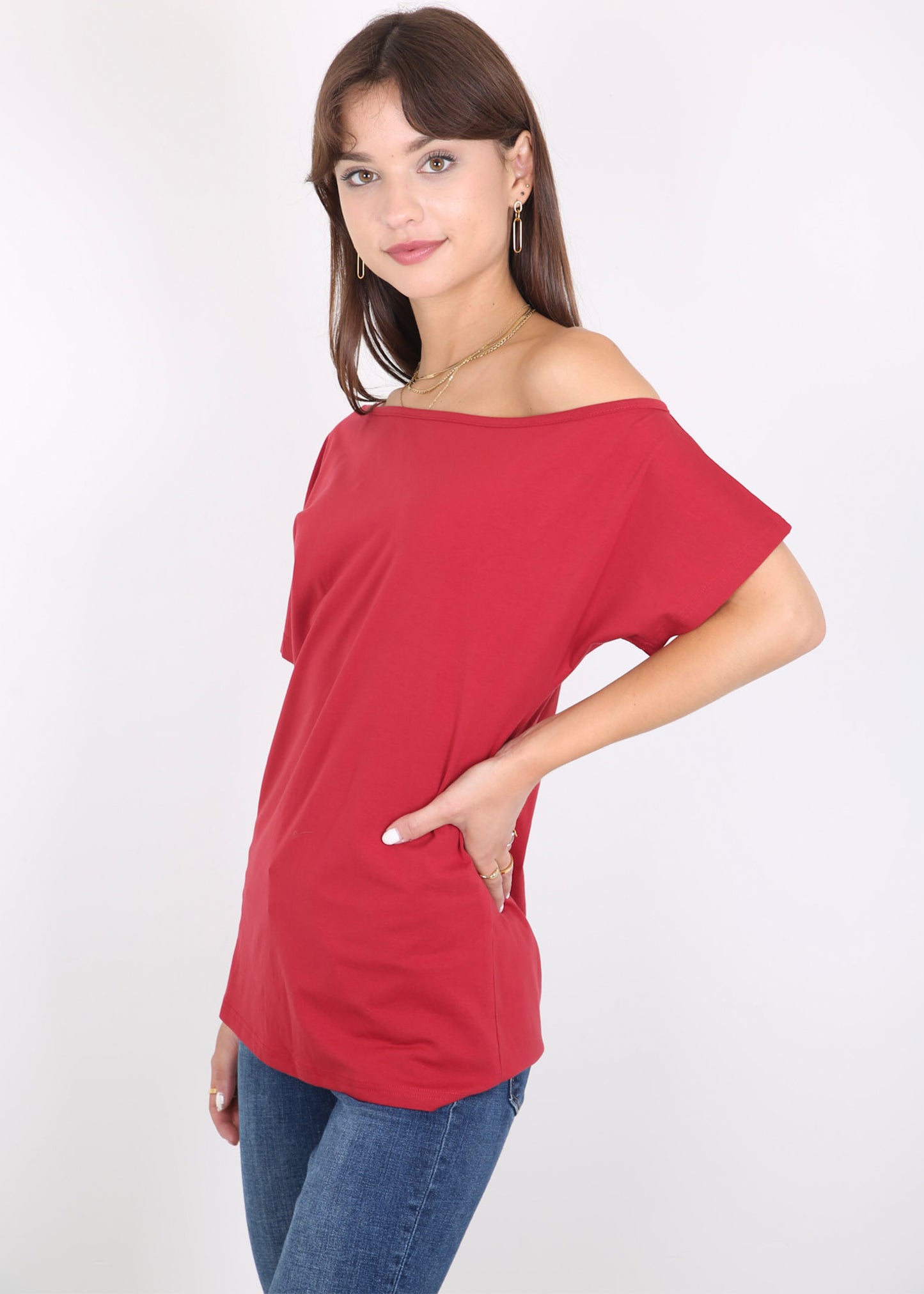 Blusa informal sexy con hombros descubiertos y elástica de algodón liso para mujer