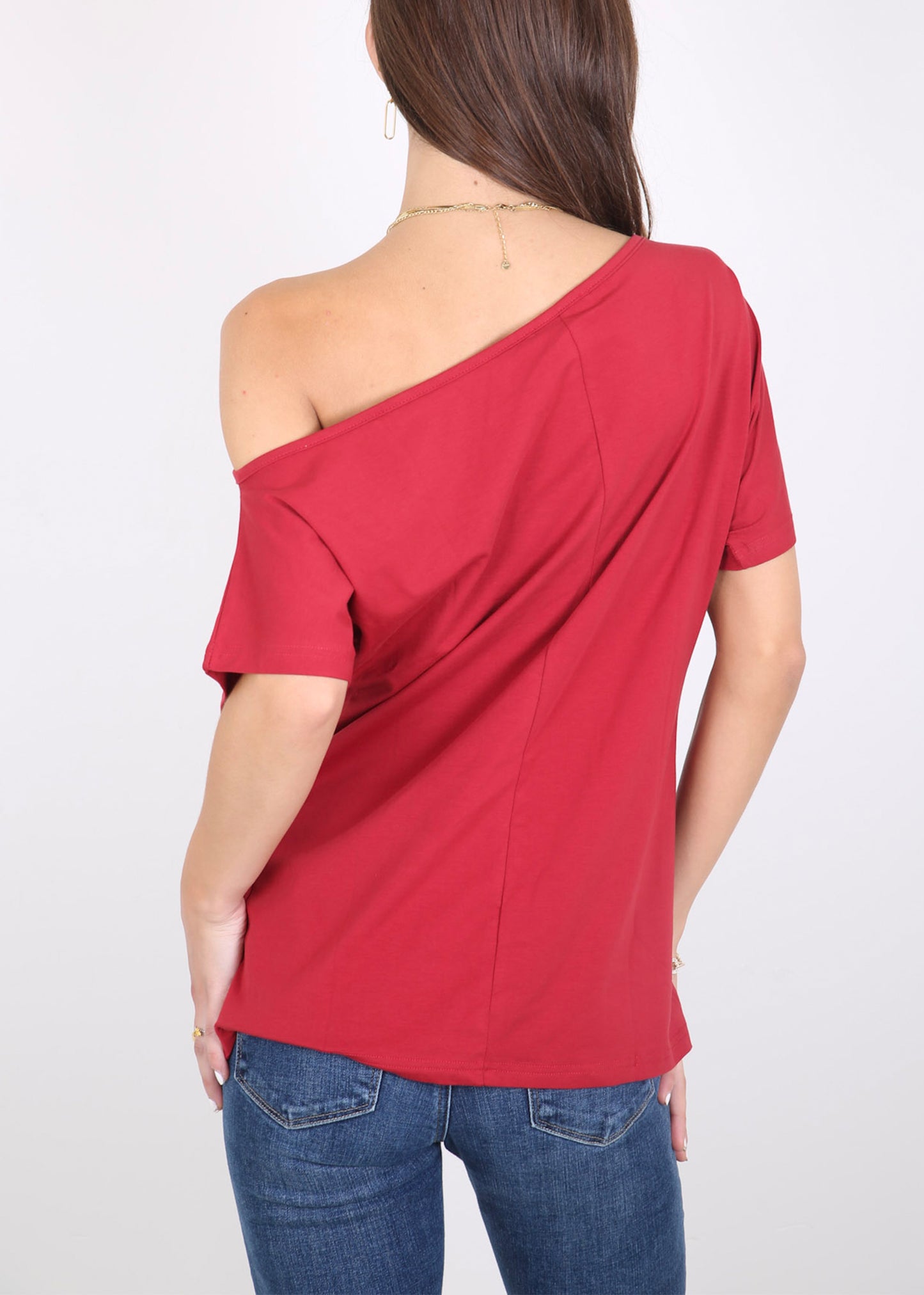 Blusa informal sexy con hombros descubiertos y elástica de algodón liso para mujer