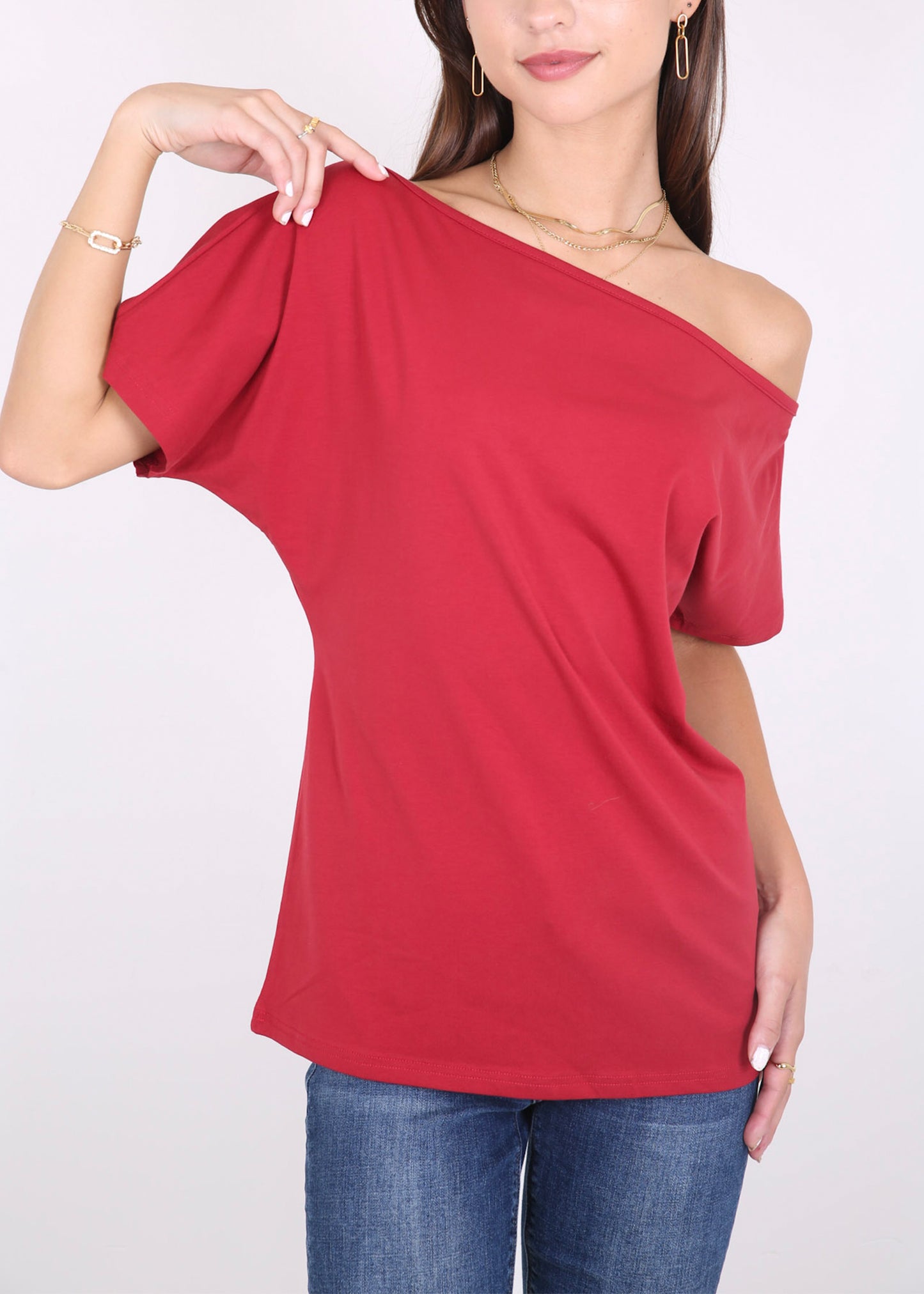 Blusa informal sexy con hombros descubiertos y elástica de algodón liso para mujer