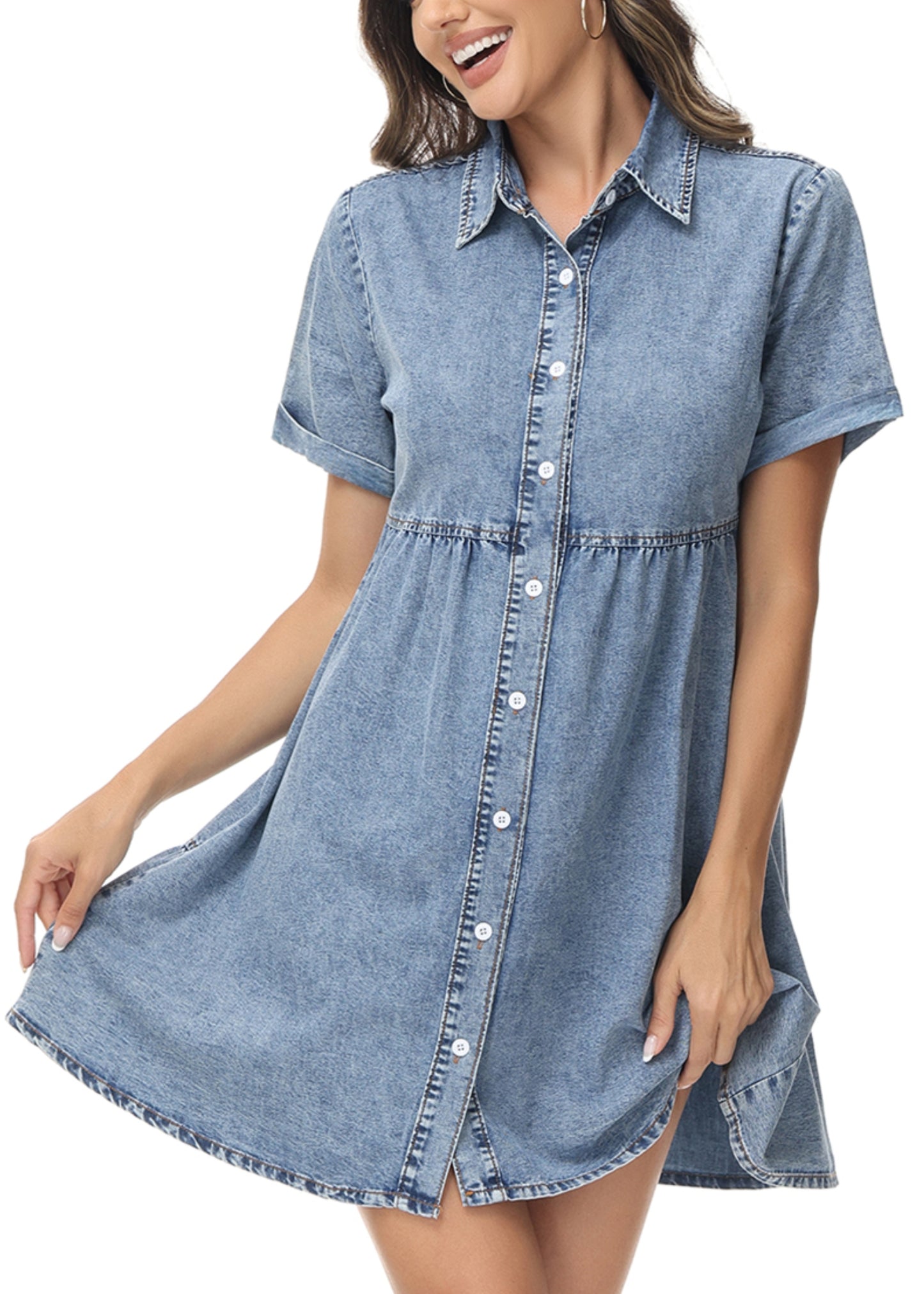 Vestido camisero de mezclilla con botones, cintura alta y manga corta informal para mujer de Anna-Kaci