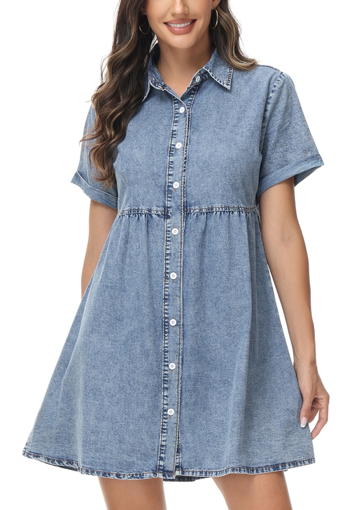 Anna-Kaci Women's Casual Short Sleeve High Waist Button Down Tiered Denim Shirt Dress, Small 4-6 / Blue Anna-Kaci Women's Casual Short Sleeve High Waist Button Down Tiered Denim Shirt Dress, Small 4-6 / Blue