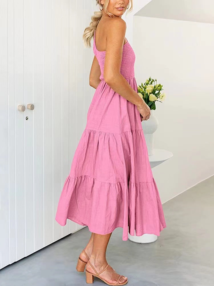 Vestido largo de verano para mujer de Anna-Kaci, estilo bohemio, con un hombro al descubierto, sin mangas, fruncido, holgado, con capas, para fiesta en la playa