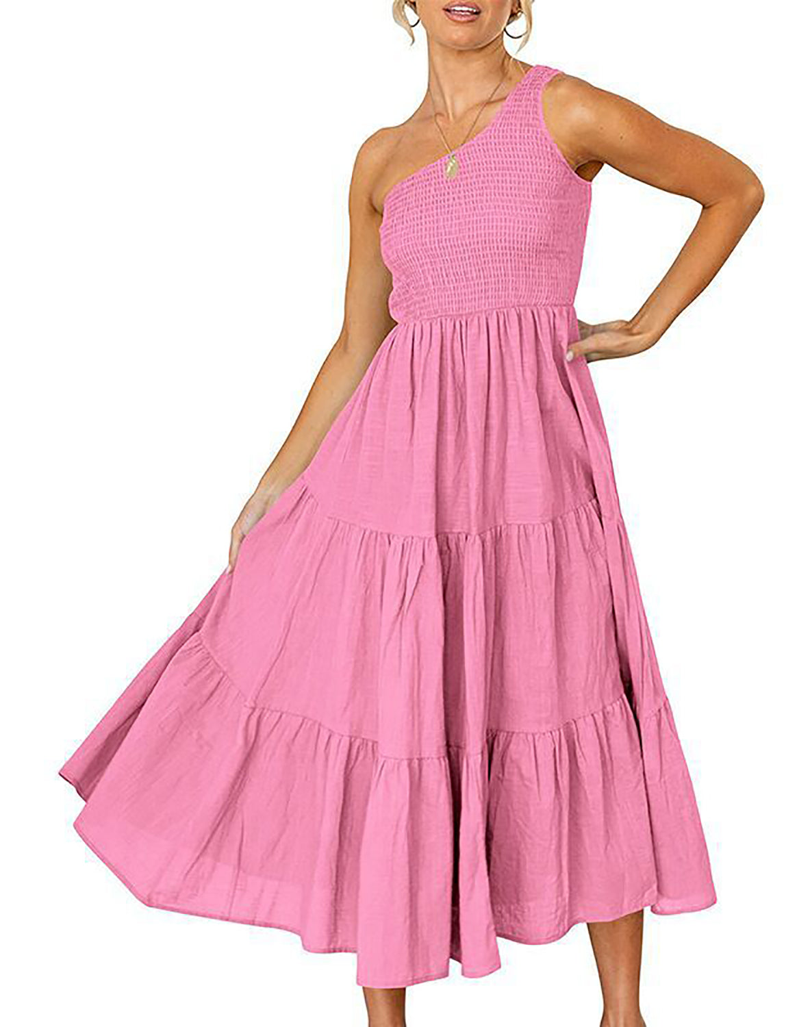 Vestido largo de verano para mujer de Anna-Kaci, estilo bohemio, con un hombro al descubierto, sin mangas, fruncido, holgado, con capas, para fiesta en la playa
