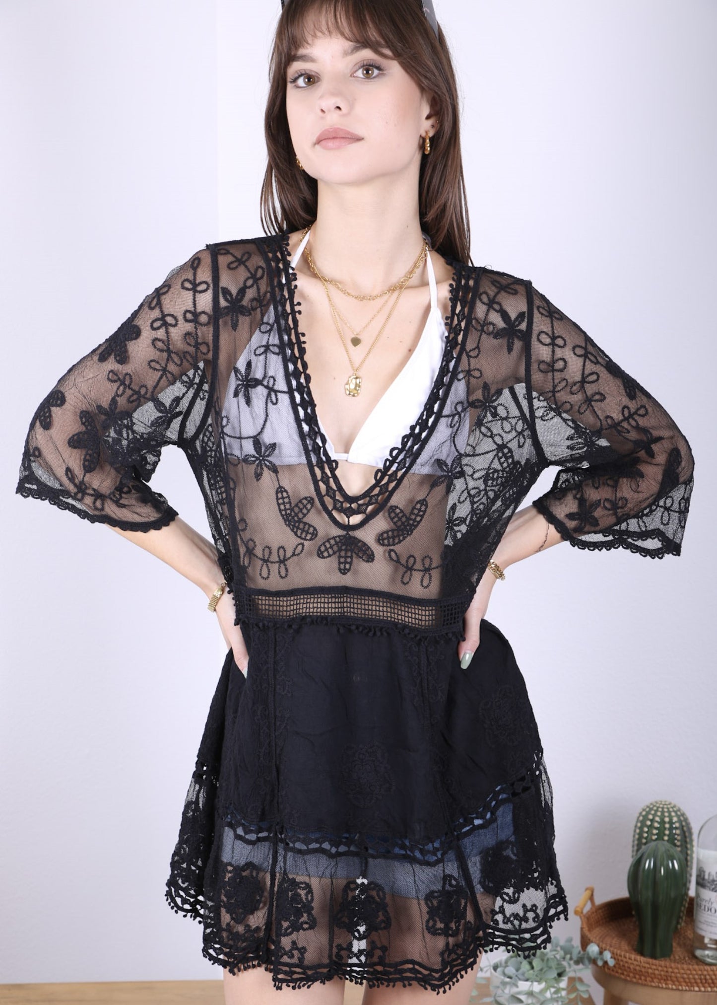 Contrast Embroidered Lace V Neck Bikini Cover Up Beach Mini Dress with Half Sleeve